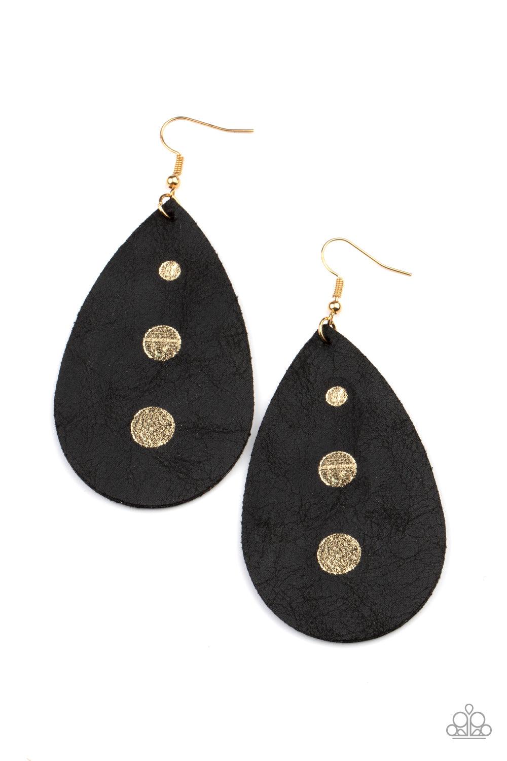 Paparazzi Accessories Rustic Torrent - Black The front of a distressed leather teardrop frame is adorned with three shimmery gold paint drops, creating a rustic elegance. Earring attaches to a standard fishhook fitting. Sold as one pair of earrings. Jewel