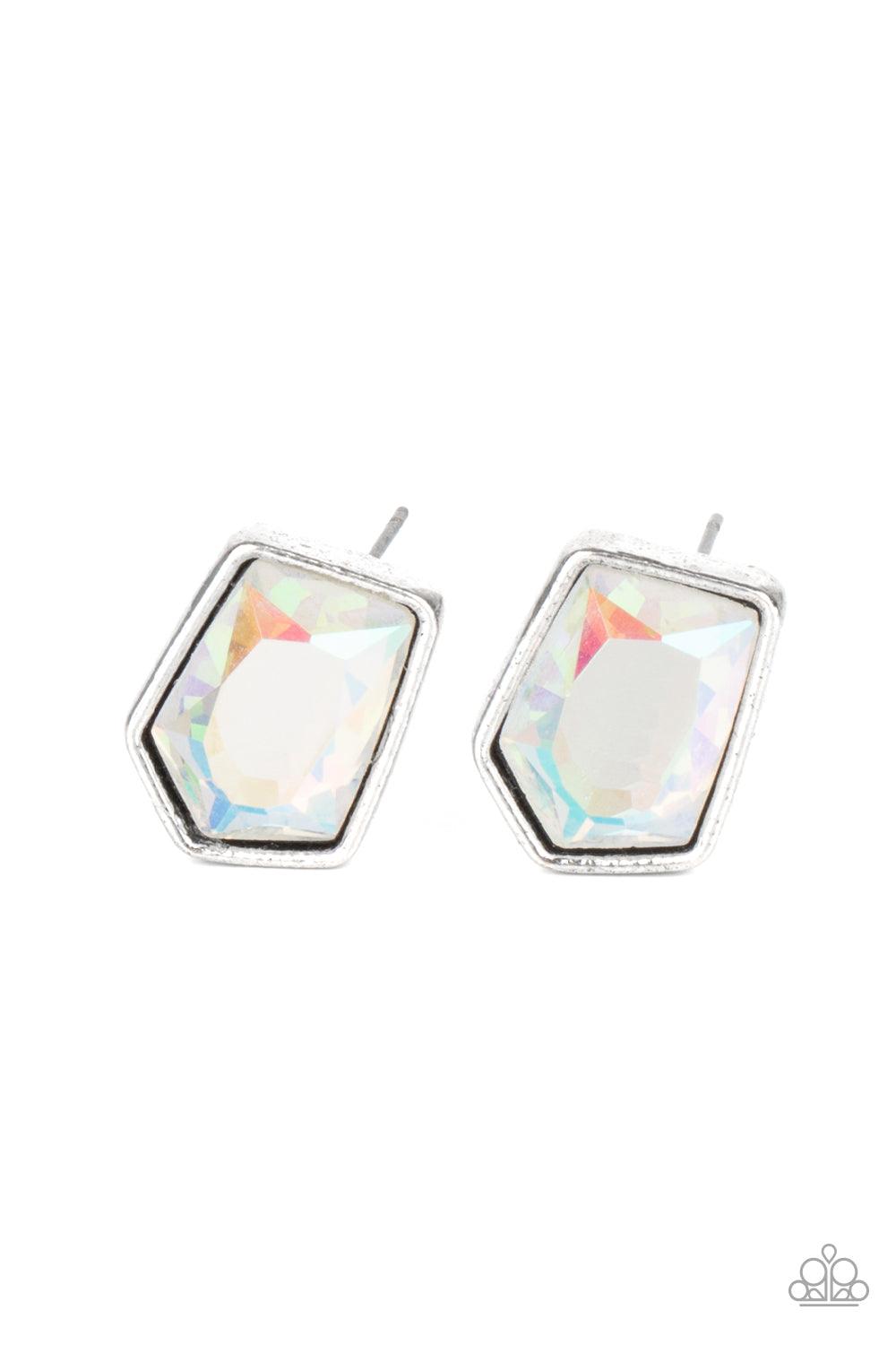 Paparazzi Accessories Indulge Me - Multi Featuring a raw asymmetrical cut, an iridescent gem is encased inside a sleek silver frame, creating a stellar display. Earring attaches to a standard post fitting. Sold as one pair of post earrings. Earrings