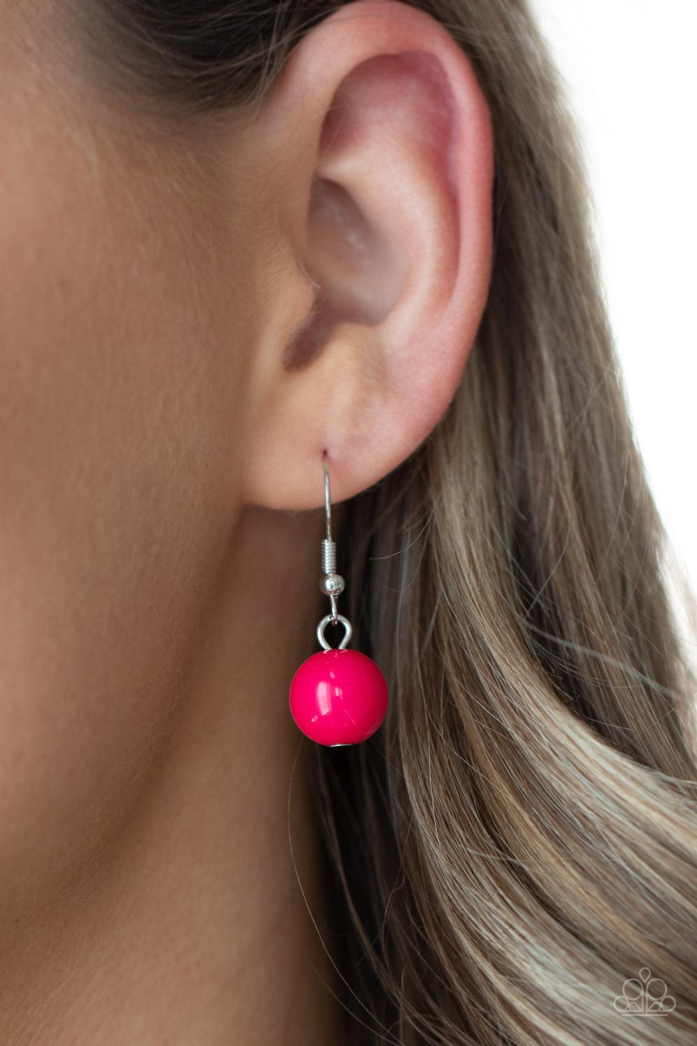 Paparazzi Accessories Upscale Chic - Pink Bold yet whimsical, bright Raspberry Sorbet beads alternate with silver beads etched in a linear pattern along two strands for a vibrant statement below the collar. Features an adjustable clasp closure. Sold as on