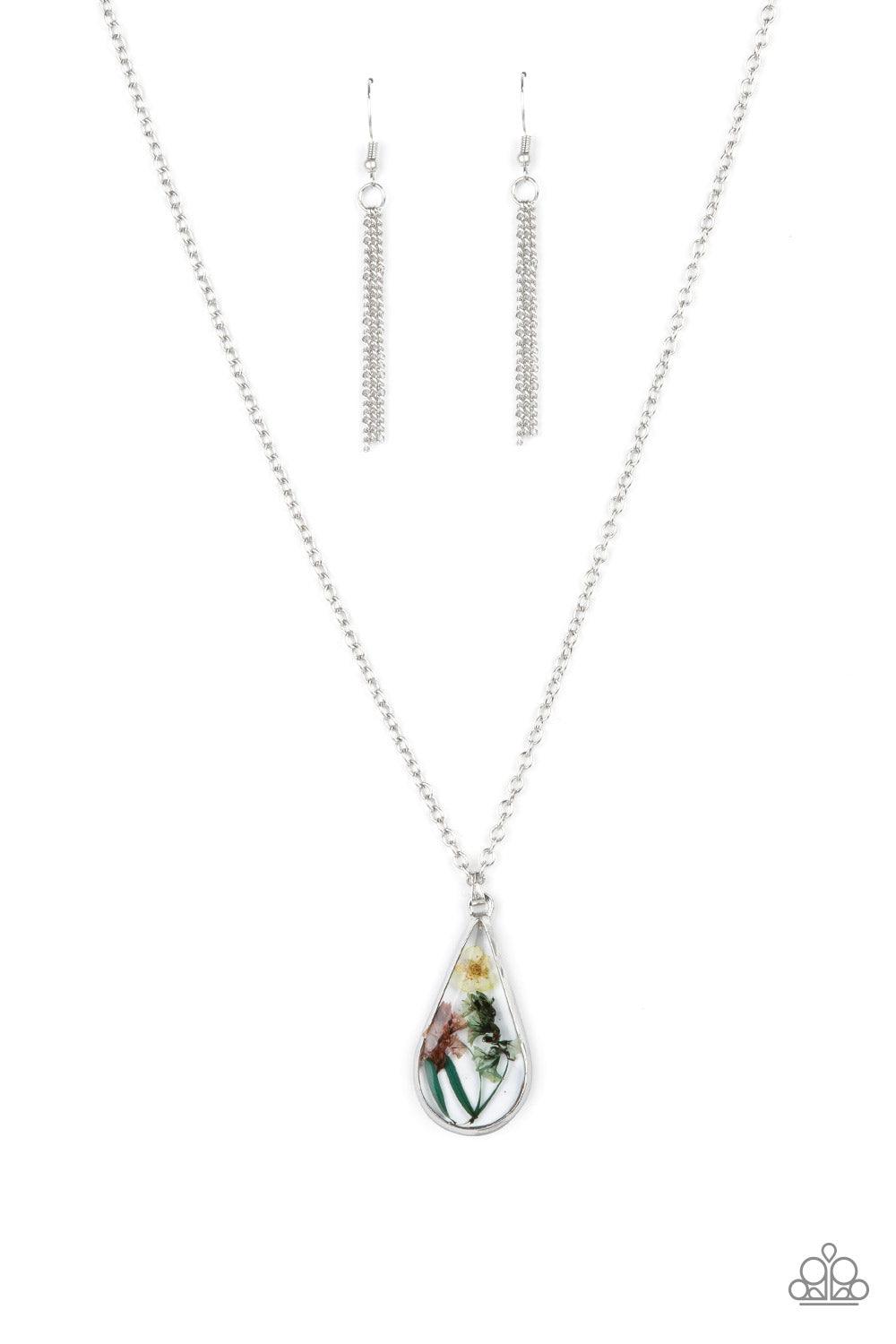 Paparazzi Accessories Pop Goes the Perennial - Multi A bouquet of delicate flowers encased in a silver teardrop frame swings from a lengthened chain for a sweet semblance of spring. Features an adjustable clasp closure. Sold as one individual necklace. In