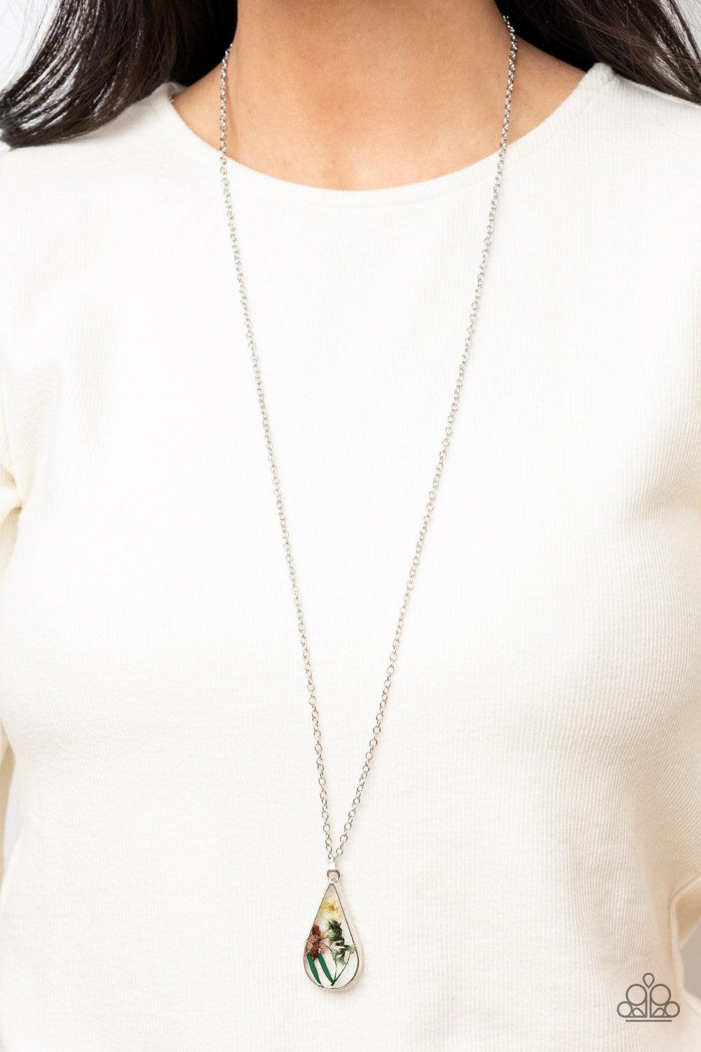 Paparazzi Accessories Pop Goes the Perennial - Multi A bouquet of delicate flowers encased in a silver teardrop frame swings from a lengthened chain for a sweet semblance of spring. Features an adjustable clasp closure. Sold as one individual necklace. In