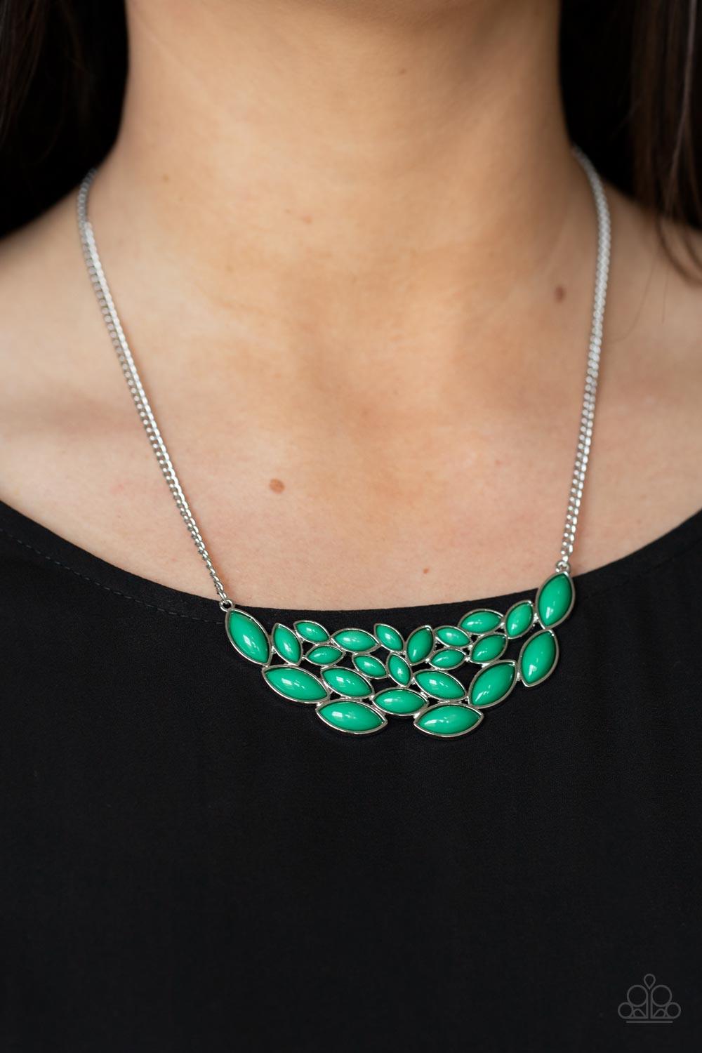 Paparazzi Accessories Eden Escape - Green Encased in sleek silver frames, a collection of marquise shaped Mint beads delicately coalesce into a leafy pendant below the collar for a whimsical pop of color. Features an adjustable clasp closure. Sold as one