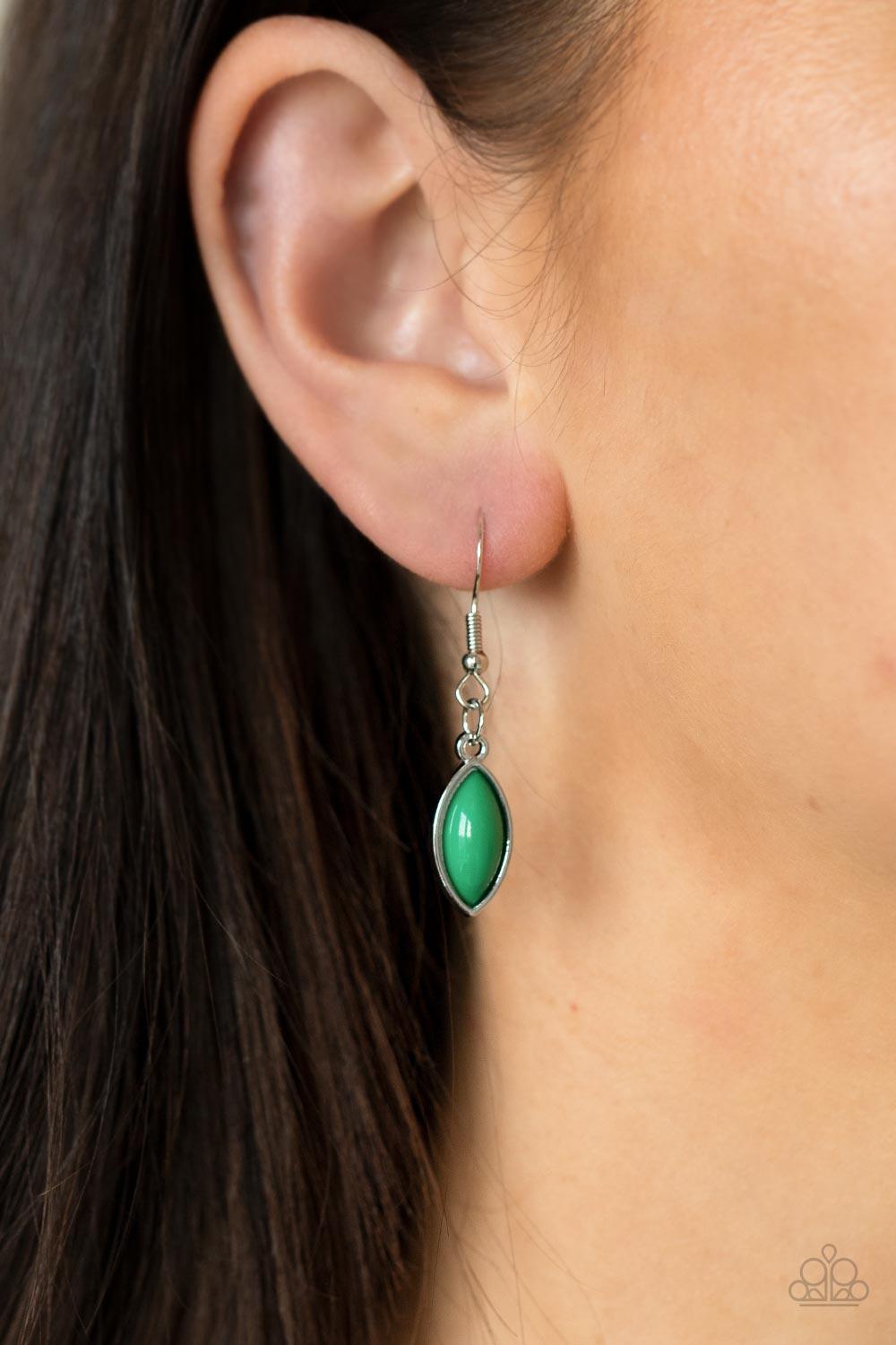 Paparazzi Accessories Eden Escape - Green Encased in sleek silver frames, a collection of marquise shaped Mint beads delicately coalesce into a leafy pendant below the collar for a whimsical pop of color. Features an adjustable clasp closure. Sold as one