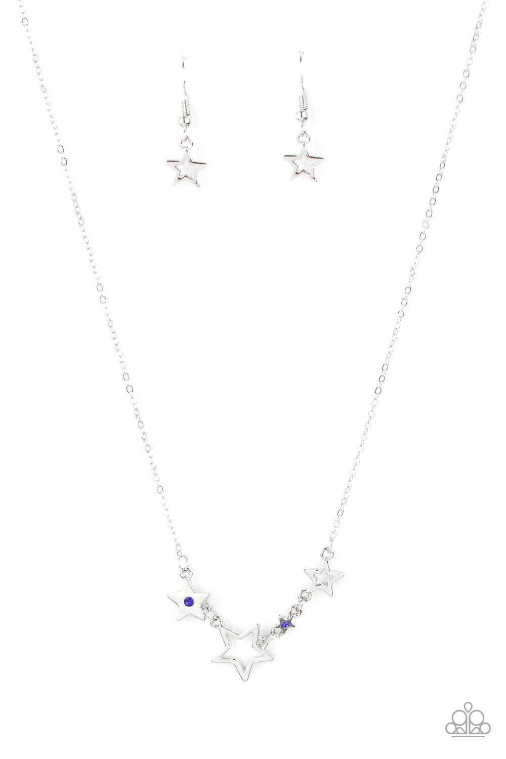 Paparazzi Accessories Proudly Patriotic - Blue A mismatched collection of airy silver stars and blue rhinestone dotted star frames delicately link below the collar, creating a stellar patriotic inspired pendant. Features an adjustable clasp closure. Sold