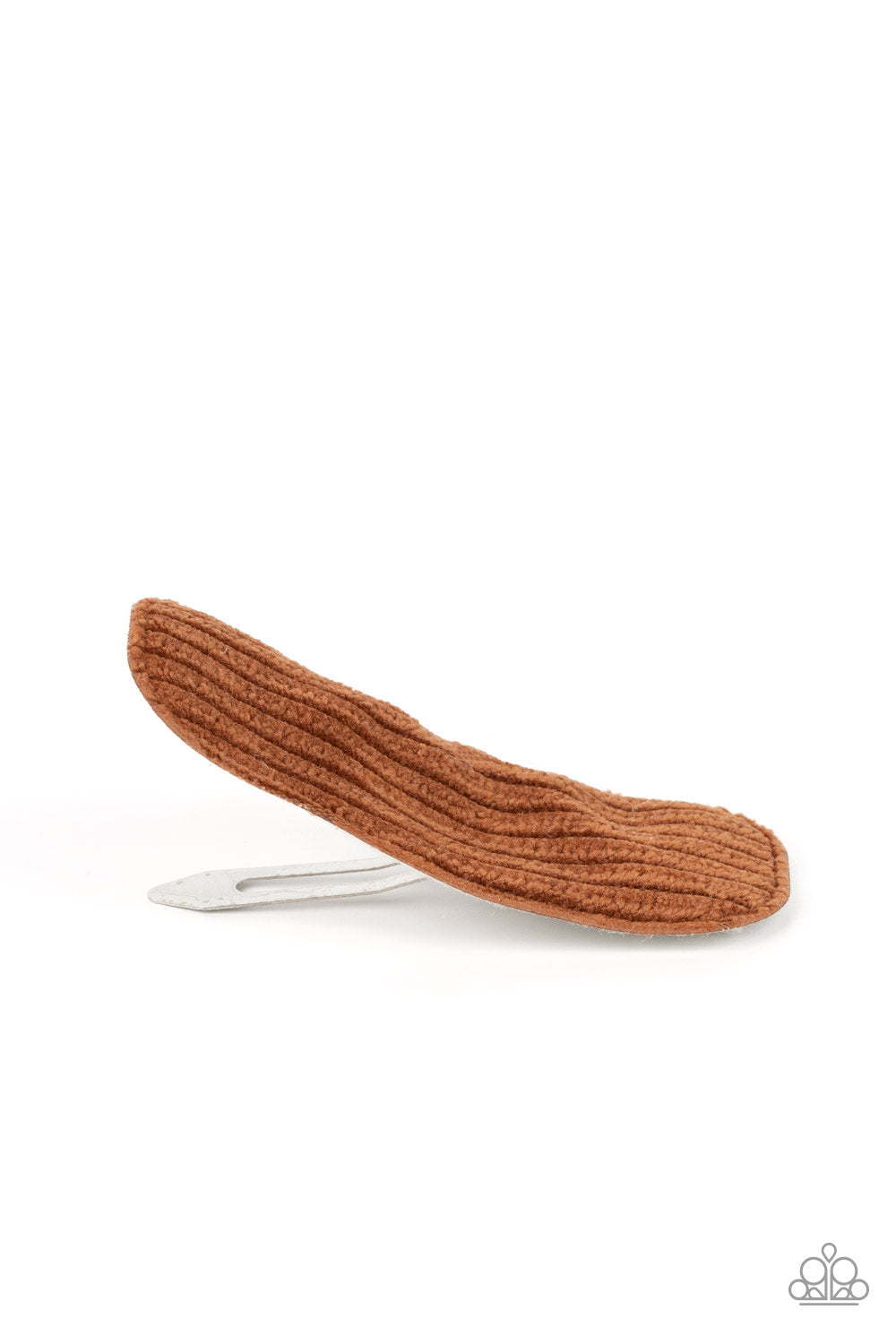 Paparazzi Accessories Corduroy Couture - Brown The front of an oversized silver frame is covered in a piece of Adobe corduroy fabric, creating a colorful rustic centerpiece. Features a standard snap hair clip on the back. Sold as one individual hair clip.