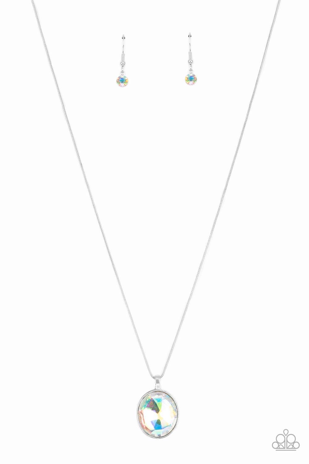 Paparazzi Accessories Instant Icon - Multi An oversized iridescent gem is pressed into the center of a sleek silver fitting, creating a mesmerizing statement piece at the bottom of a sleek silver chain. Features an adjustable clasp closure. Sold as one in