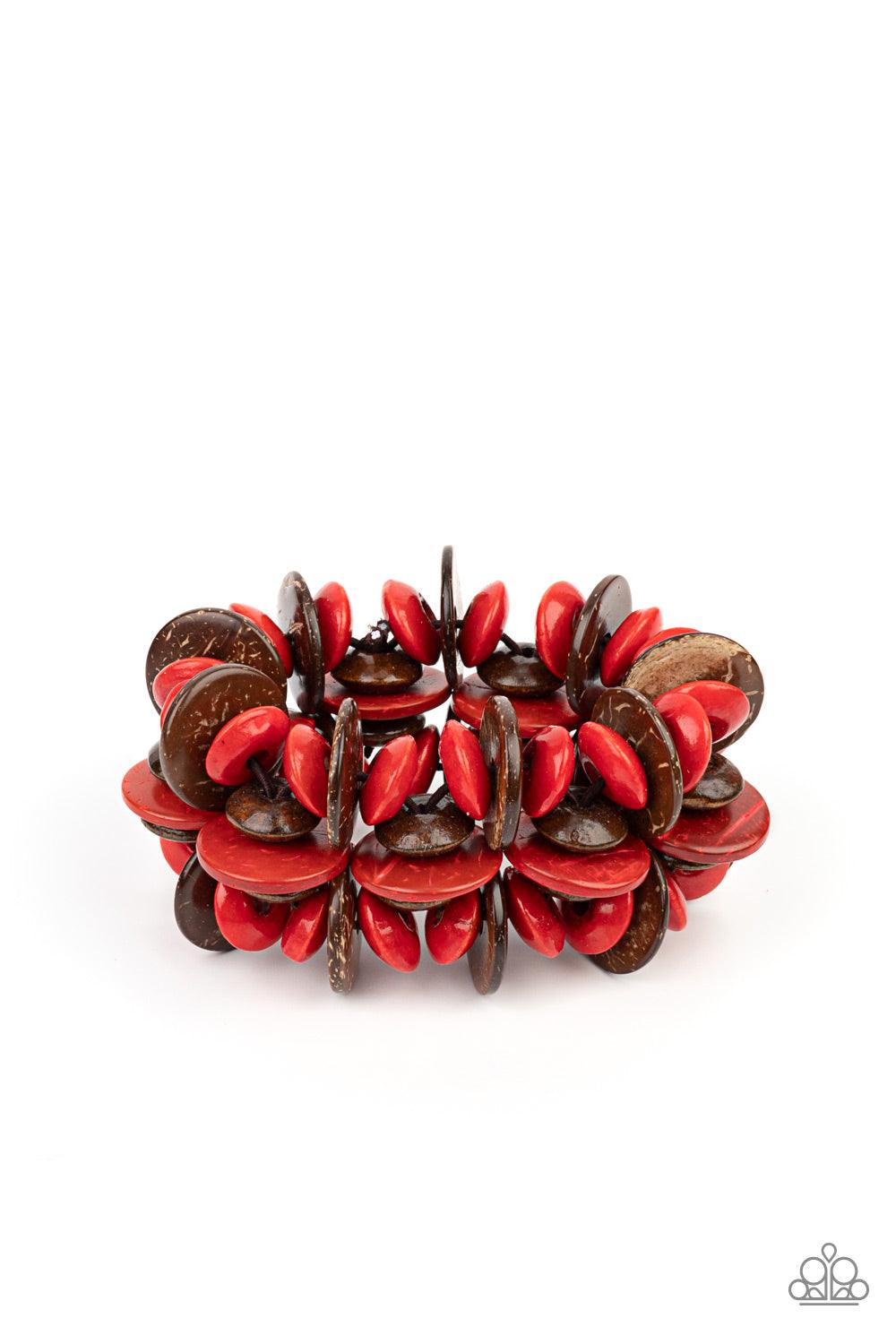 Paparazzi Accessories Caribbean Canopy - Red A collection of red and brown disc-shaped wooden beads are threaded along stretchy bands creating a tropical island vibe around the wrist. Sold as one individual bracelet. Bracelets