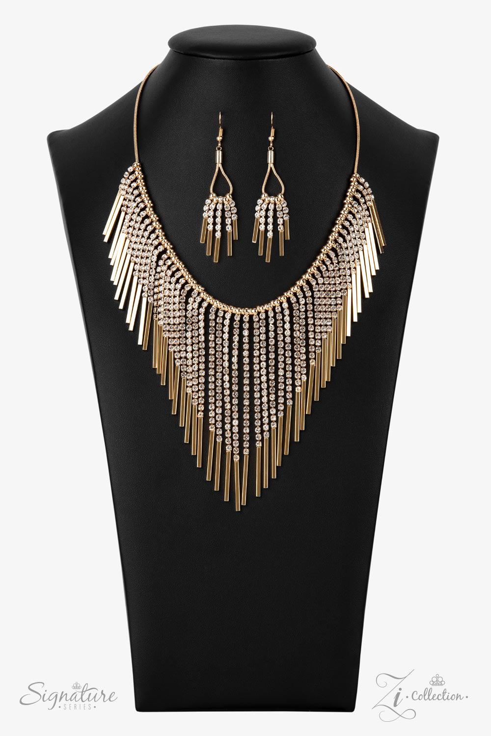 Paparazzi Accessories The Amber Seemingly separated by dainty gold beads, shimmery strands of white rhinestones majestically morph into gold rectangular frames along a sleek rounded snake chain. The glamorously golden getup stacks into timelessly tapered