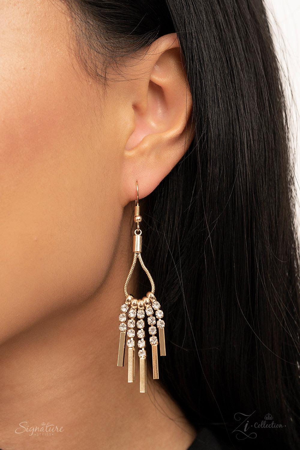 Paparazzi Accessories The Amber Seemingly separated by dainty gold beads, shimmery strands of white rhinestones majestically morph into gold rectangular frames along a sleek rounded snake chain. The glamorously golden getup stacks into timelessly tapered