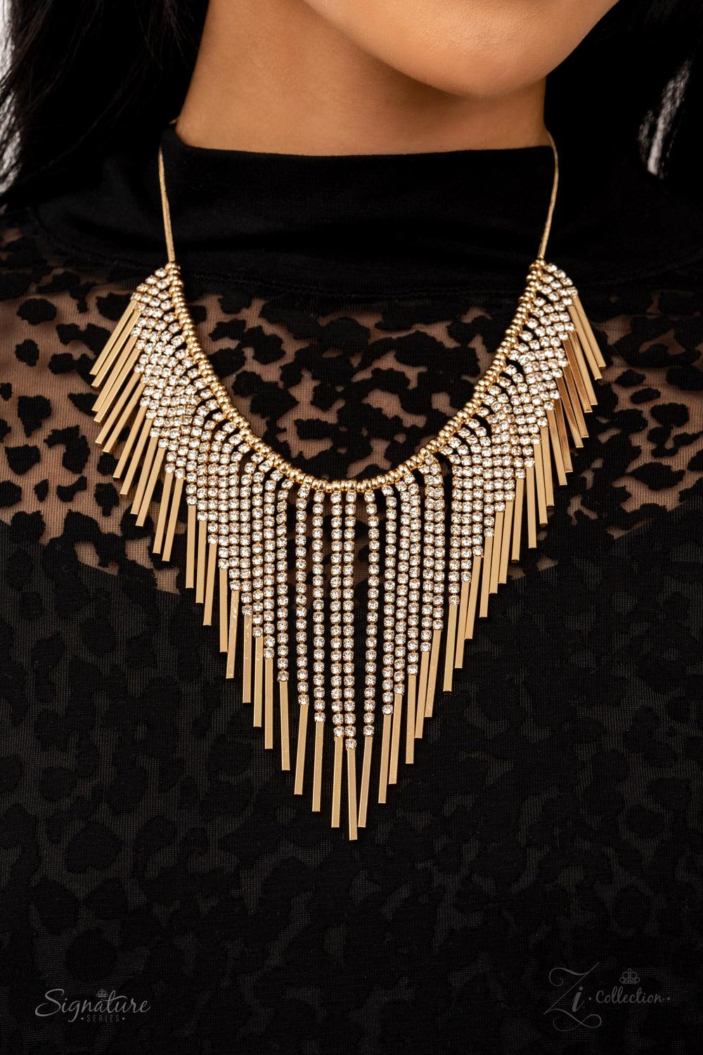 Paparazzi Accessories The Amber Seemingly separated by dainty gold beads, shimmery strands of white rhinestones majestically morph into gold rectangular frames along a sleek rounded snake chain. The glamorously golden getup stacks into timelessly tapered