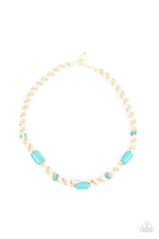 Paparazzi Accessories Explorer Exclusive - Blue Three generous cylindrical blue stones and small flat stone accents are thoughtfully woven into a macramé style necklace. The natural cord is knotted into a chunky spiral design creating a homespun sensation