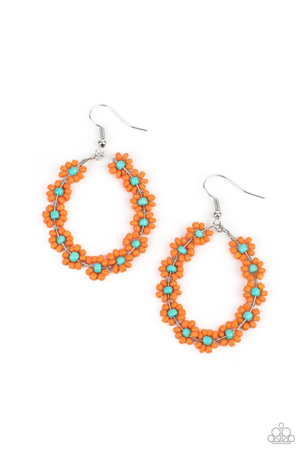 Paparazzi Accessories Festively Flower Child - Orange Dotted with turquoise beaded centers, a dainty collection of orange seed beaded floral frames are threaded along a wire hoop for a fabulous floral fashion. Earring attaches to a standard fishhook fitti