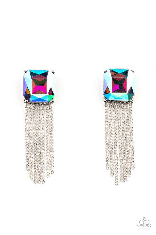 Paparazzi Accessories Supernova Novelty - Multi Featuring a stellar UV shimmer, an oversized radiant cut gem is pressed into a pronged silver fitting that gives way to a tapered curtain of silver chains for an out-of-this-world finish. Earring attaches to