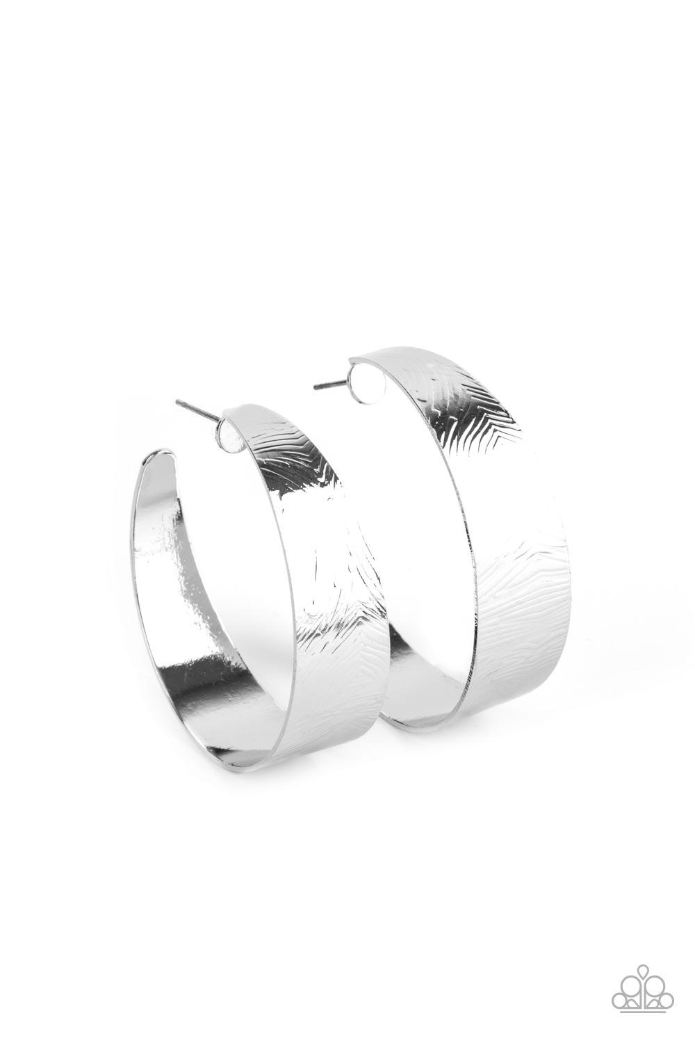 Paparazzi Accessories Curve Crushin - Silver Embossed in whirling geometric details, a thick silver hoop boldly curls around the ear for a curvaceous look. Earring attaches to a standard post fitting. Hoop measures approximately 2" in diameter. Sold as on