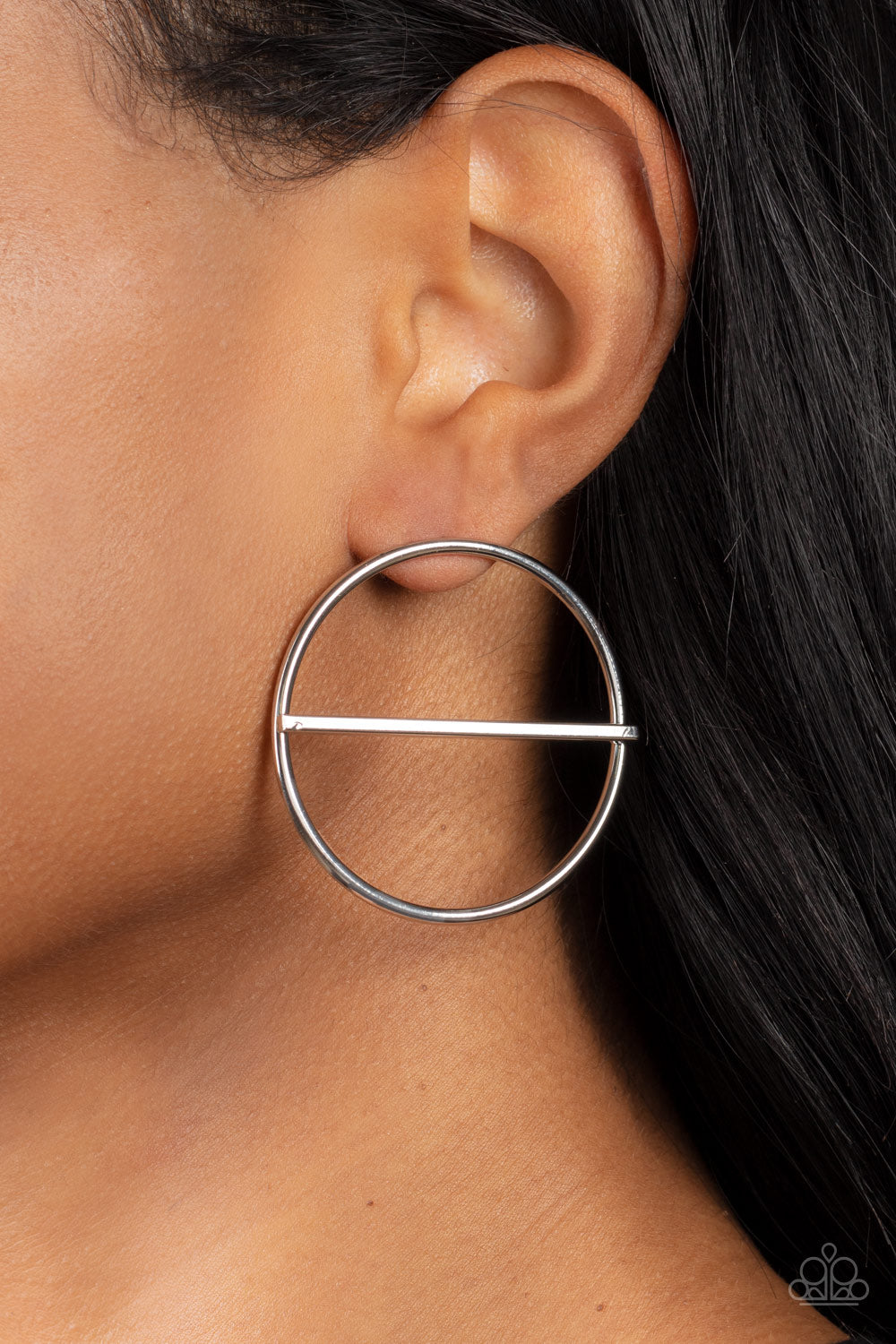 Paparazzi Accessories Dynamic Diameter - Silver A glistening silver bar runs horizontally across the center of an oversized silver hoop, adding a timeless twist to the classic display. Earring attaches to a standard post fitting. Sold as one pair of post