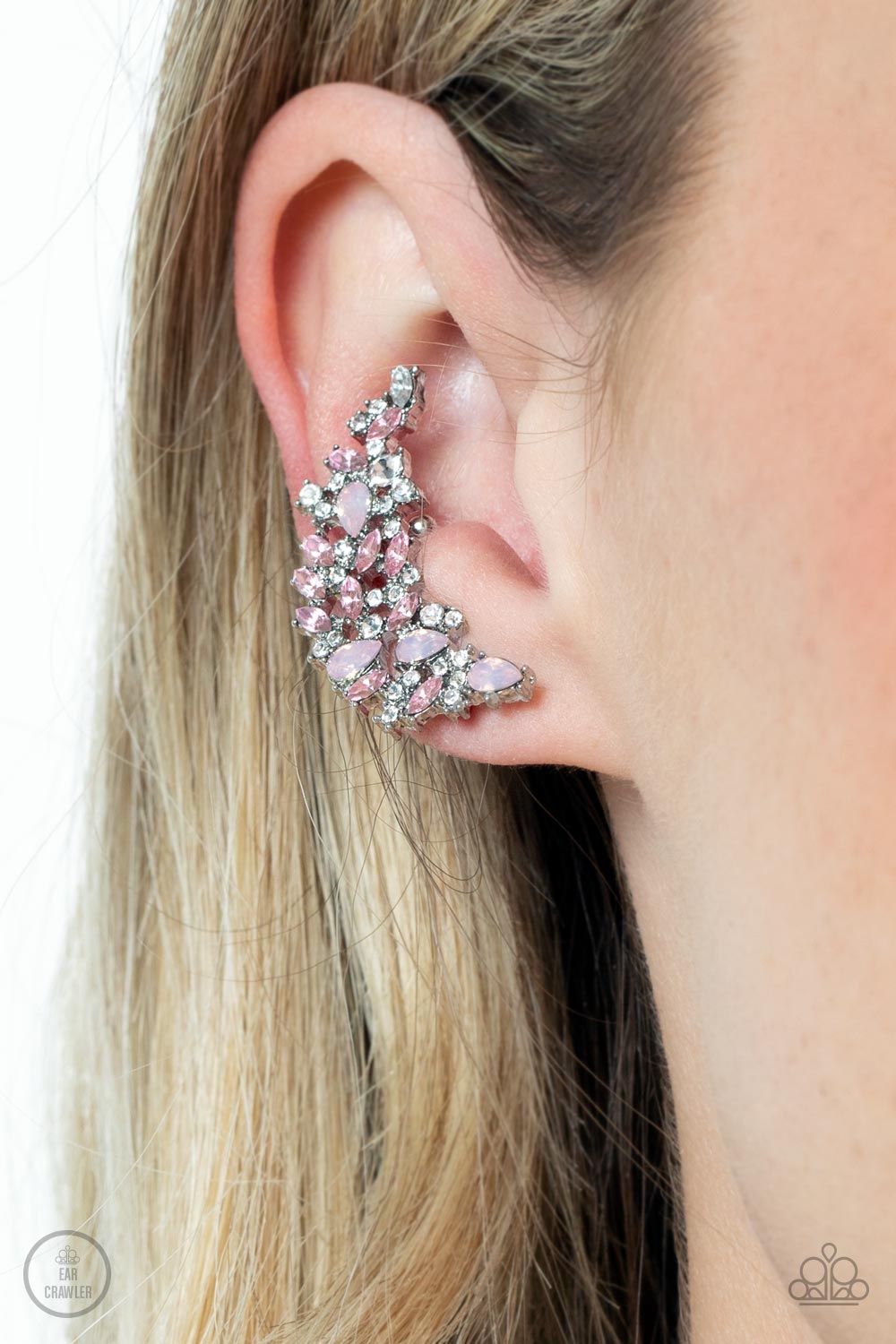 Paparazzi Accessories Prismatically Panoramic - Pink Varying in round, marquise, and teardrop cuts, a glittery explosion of pink, white, and opal pink rhinestones coalesces into panoramic sparkle. Features a dainty cuff attached to the top for a secure fi