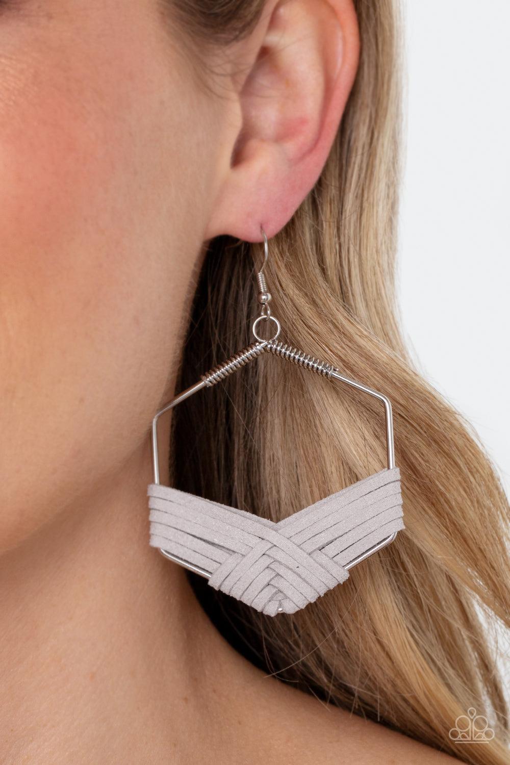 Paparazzi Accessories Suede Solstice - Silver Strands of Ultimate Gray suede decoratively weaves around the bottom of a hexagonal silver frame, creating a colorfully rustic centerpiece. Earring attaches to a standard fishhook fitting. Sold as one pair of