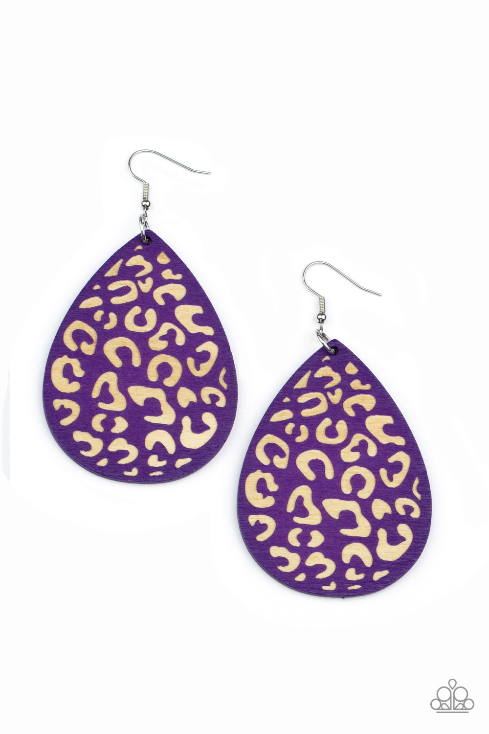 Paparazzi Accessories Suburban Jungle - Purple A purple wooden teardrop frame is etched in a cheetah-like pattern, creating a wildly fabulous fashion. Earring attaches to a standard fishhook fitting. Sold as one pair of earrings. Jewelry