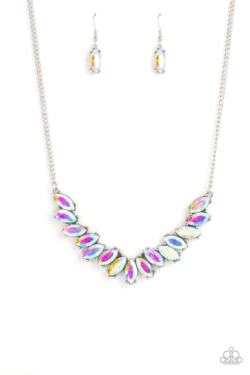 Paparazzi Accessories Galaxy Game-Changer - Multi Featuring pronged silver fittings, a sparkly series of iridescent marquise cut rhinestones fan out below the collar for a stellar statement-making look. Features an adjustable clasp closure. Sold as one in
