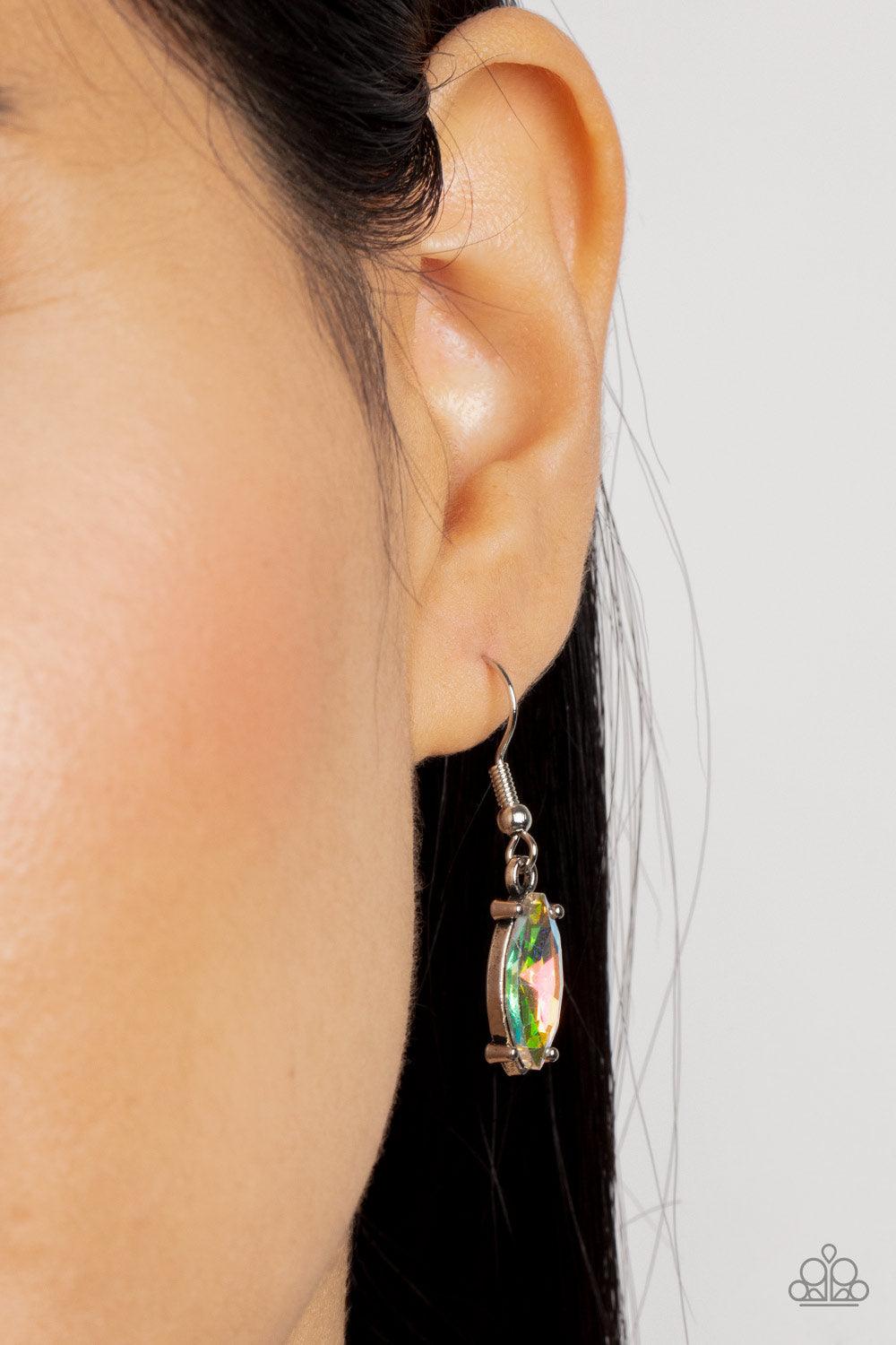 Paparazzi Accessories Galaxy Game-Changer - Multi Featuring pronged silver fittings, a sparkly series of iridescent marquise cut rhinestones fan out below the collar for a stellar statement-making look. Features an adjustable clasp closure. Sold as one in