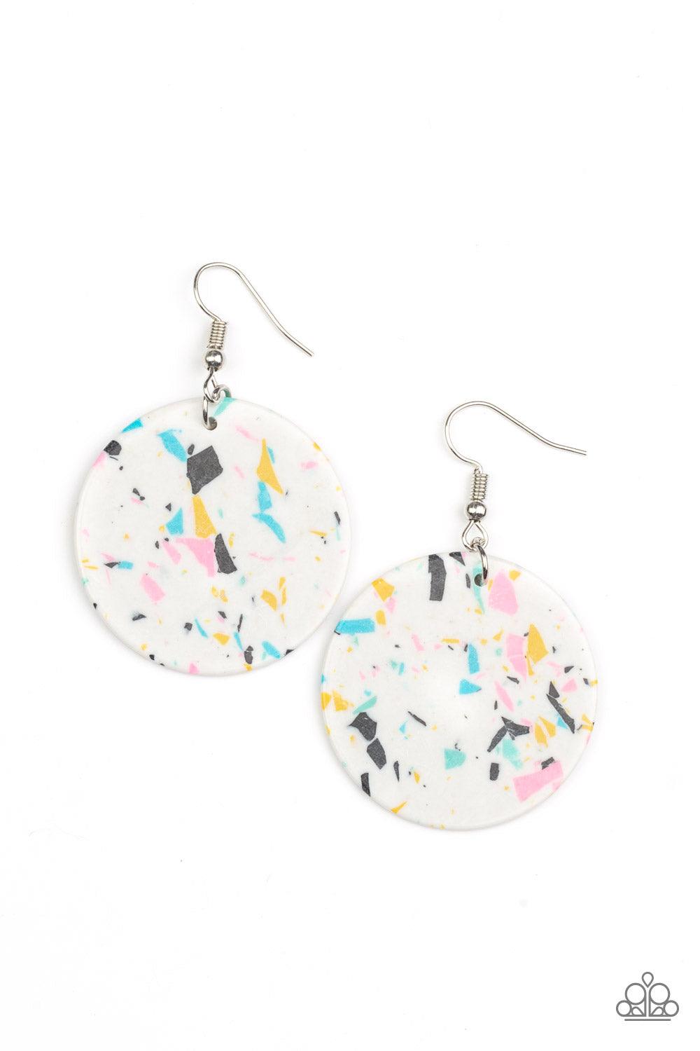 Paparazzi Accessories Tenaciously Terrazzo - White Featuring a colorful terrazzo finish, a faux white stone disc swings from the ear for a modern look. Earring attaches to a standard fishhook fitting. Sold as one pair of earrings. Earrings