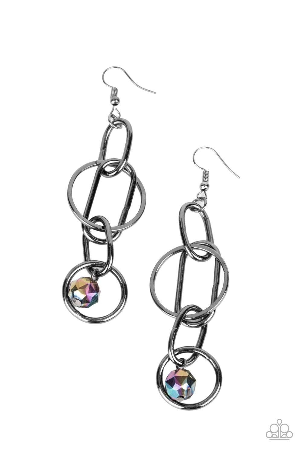 Paparazzi Accessories Park Avenue Princess - Multi A collection of oval and round gunmetal links, embellished with a faceted oil spill bead suspended inside the bottom most round frame, coalesce into a flirty charm as it sways from the ear. Earring attach