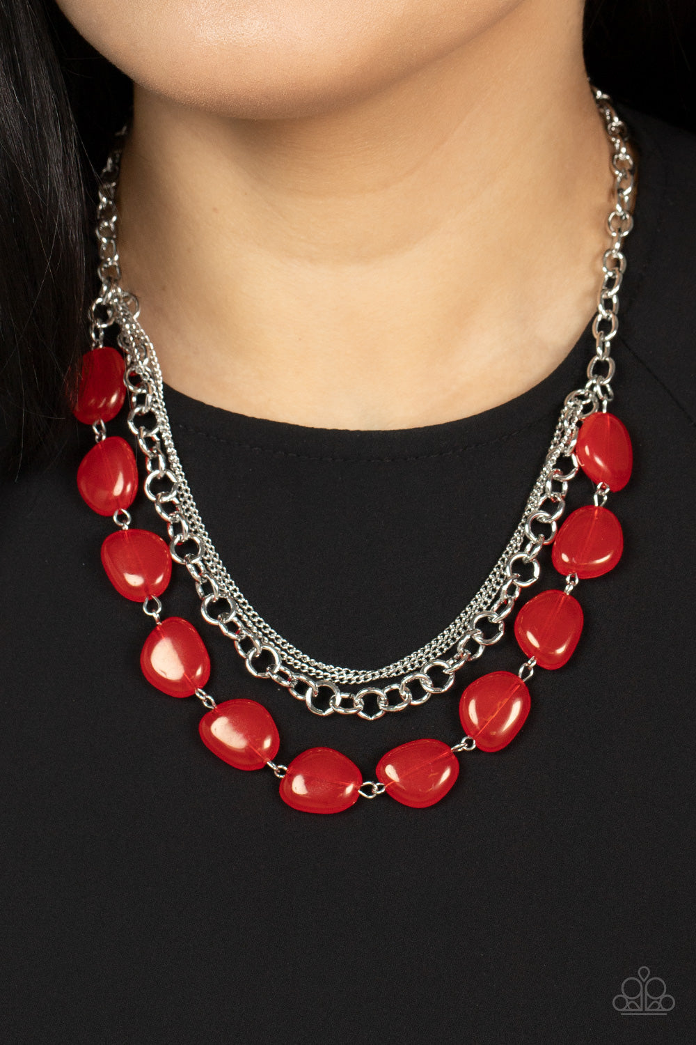 Paparazzi Accessories Pumped Up Posh - Red Layers of dainty and classic silver chain mingle with a row of flattened asymmetrical red beads for a polished and posh layered look below the collar. Features an adjustable clasp closure. Sold as one individual