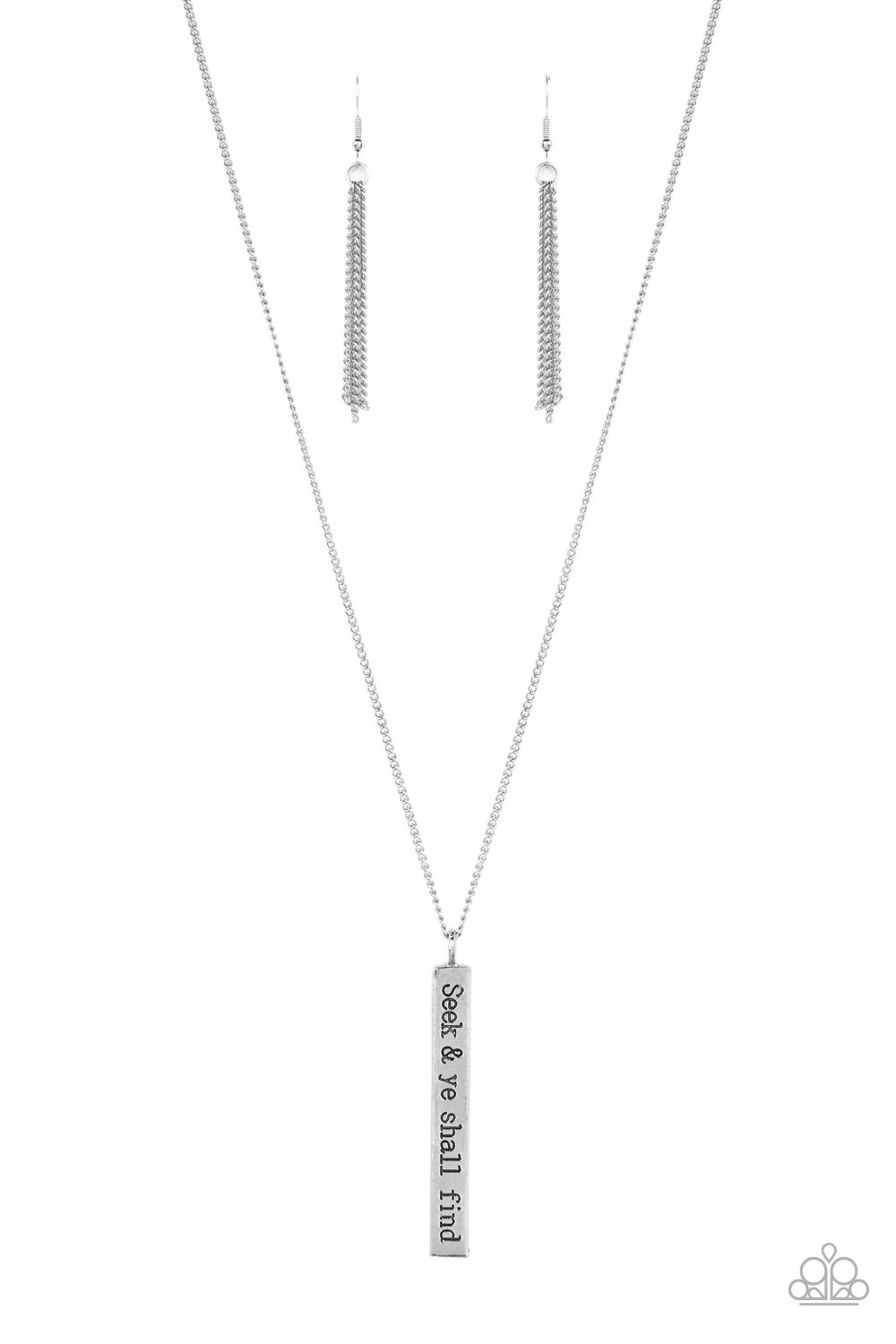 Paparazzi Accessories Matt 7:7 - Silver A flattened rectangular pendant is stamped in the biblical phrase, "Seek & ye shall find. Matt7:7," creating an inspirational sight at the bottom of an extended silver chain. Features an adjustable clasp closure. So