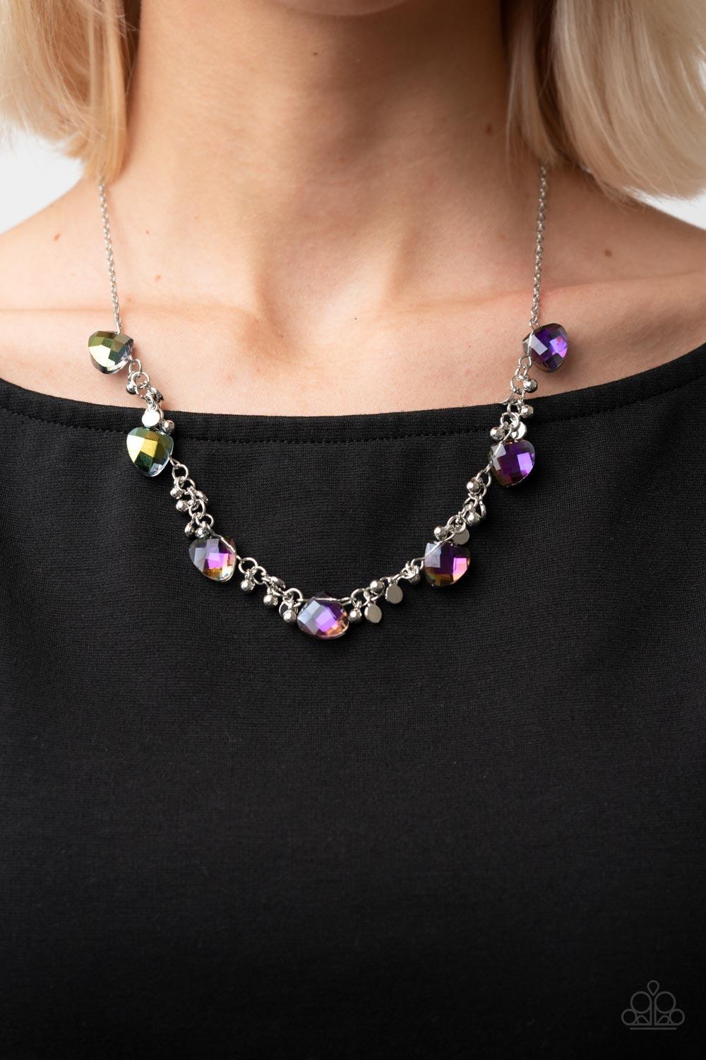 Paparazzi Accessories Sassy Super Nova - Multi Dainty clusters of silver beads and silver discs connect with metallic oil spill gems below the collar, resulting in a stellar fringe. Features an adjustable clasp closure. Sold as one individual necklace. In