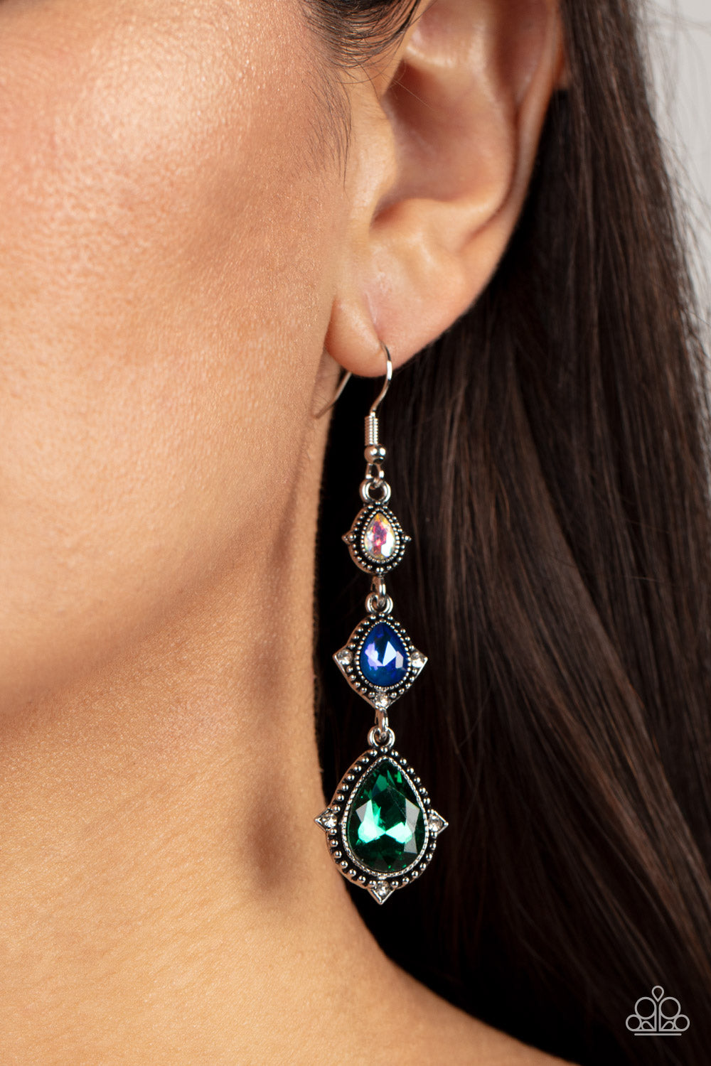 Paparazzi Accessories Prague Princess - Multi Featuring studded silver frames, a sparkly trio of iridescent, blue, and green teardrop gems delicately link into a romantic lure. Dainty white rhinestones embellish the edges of the lowermost teardrops, addin