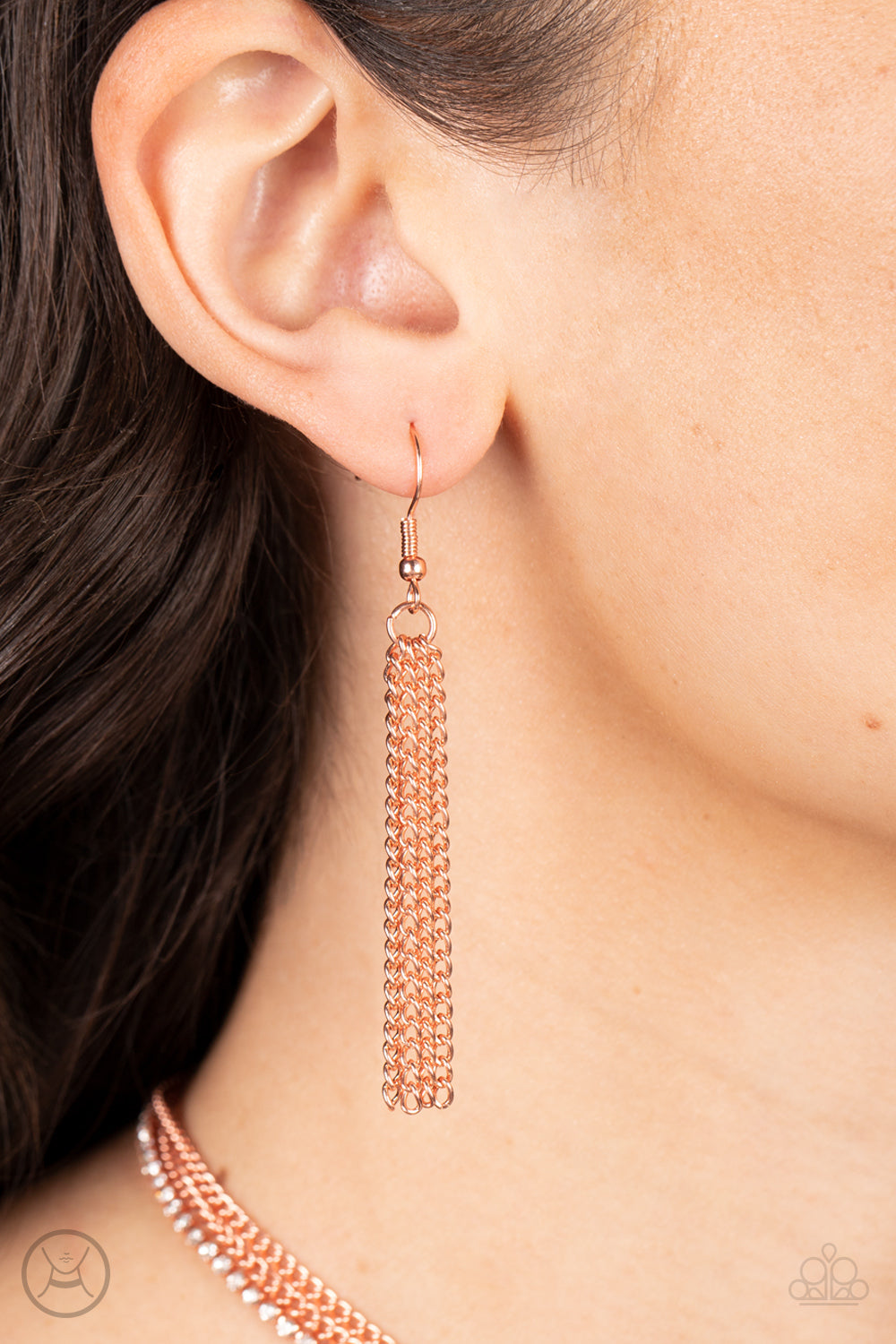 Paparazzi Accessories Glitzy Gusto - Copper Two shiny copper chains and a single strand of dainty white rhinestones effortlessly layer around the neck, resulting in a radiant look. Features an adjustable clasp closure. Sold as one individual choker neckla