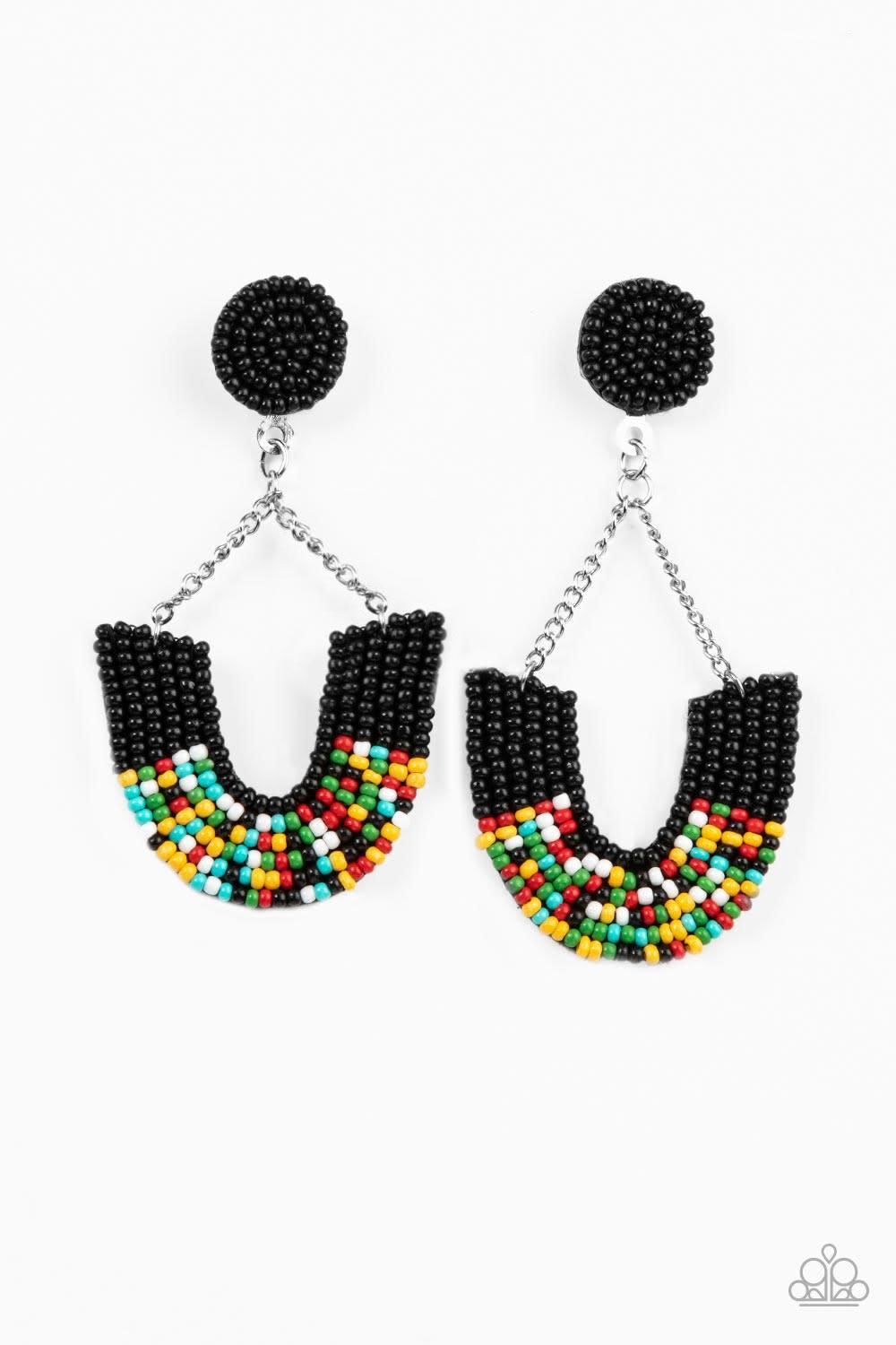 Paparazzi Accessories Make it RAINBOW - Black Adorned in sections of black and multicolored seed beaded accents, a colorful rainbow swings from the bottom of shimmery silver chains that attach to a black seed beaded disc for a bohemian inspired fashion. E