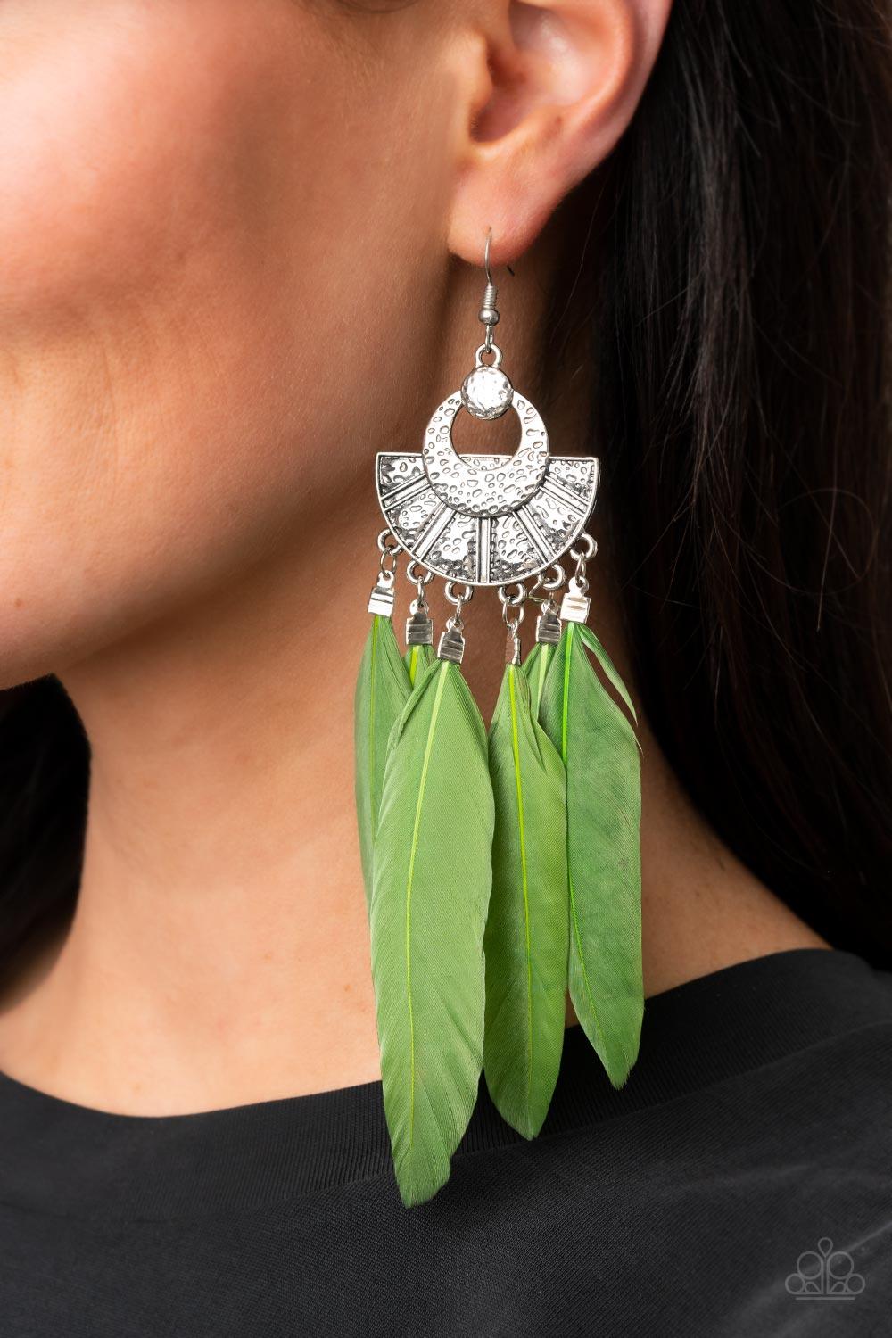 Paparazzi Accessories Plume Paradise - Green Oversized green feathers swing from the bottom of an ornately hammered and stacked silver frame, resulting in a flirtatiously colorful fringe. Earring attaches to a standard fishhook fitting. Sold as one pair o