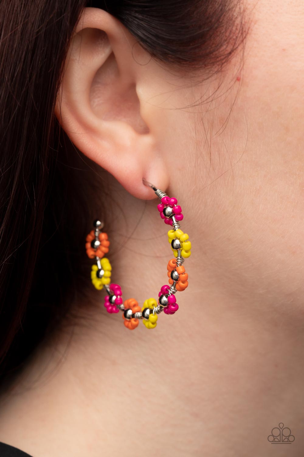 Paparazzi Accessories Growth Spurt - Multi Adorned with shiny silver beaded centers, a dainty collection of Illuminating, orange, and Fuchsia Fedora seed beaded rings create vivacious flower accents along a classic silver hoop for a flamboyant floral disp