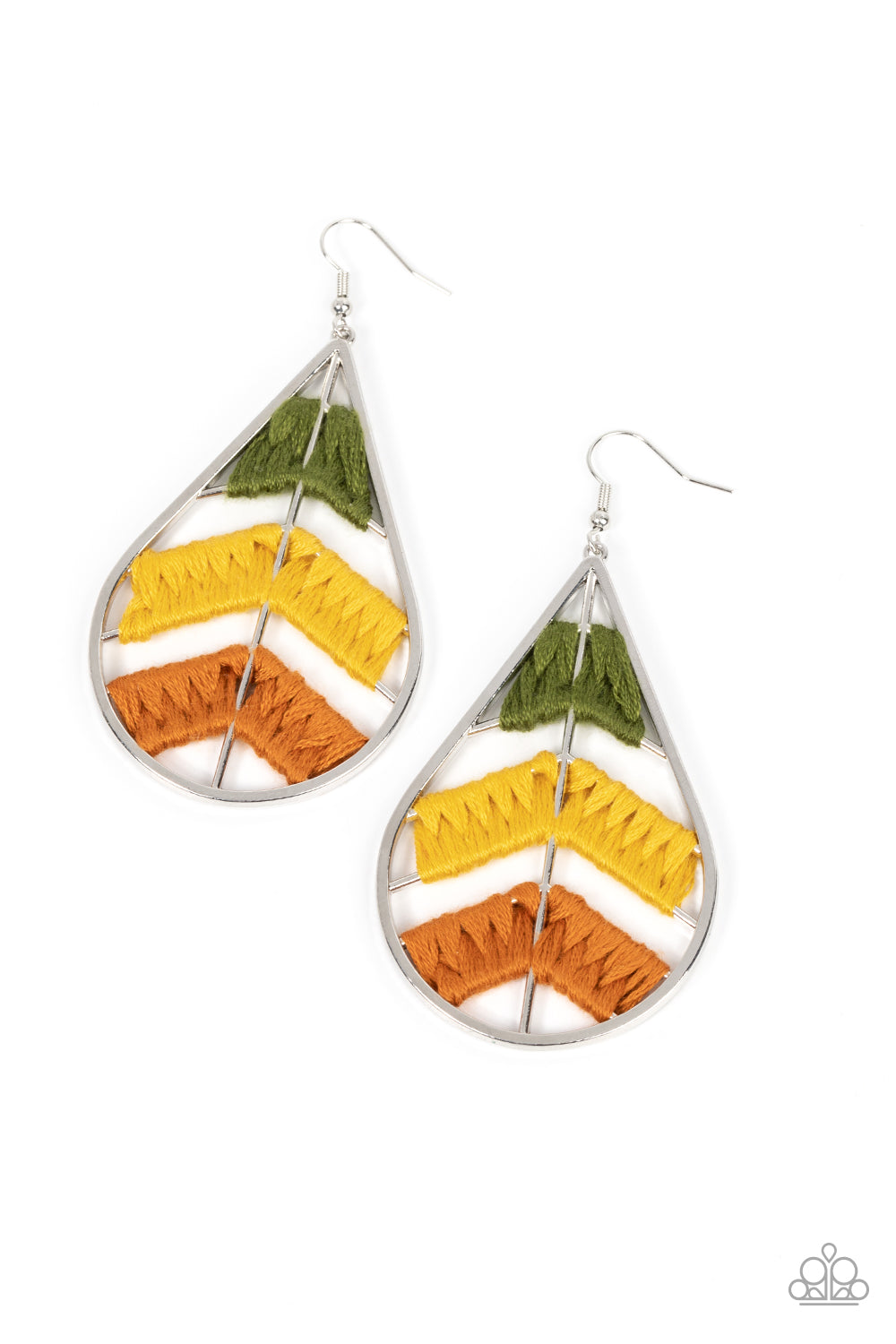 Paparazzi Accessories Nice Threads - Multi Colorful sections of shiny Olive Branch, mustard, and Adobe threads decoratively weave along arched silver bars inside of a shiny silver teardrop, resulting into an earthy lure. Earring attaches to a standard fis