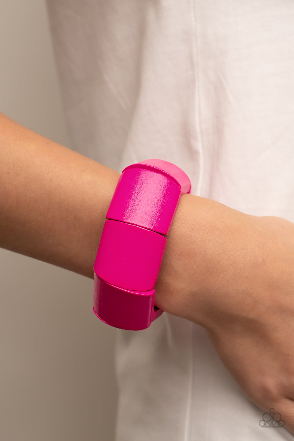 Paparazzi Accessories Coconut Cove - Pink Painted in a vivacious pink finish, chunky geometric wooden beads are threaded along stretchy bands around the wrist for a colorful tropical inspired look. Sold as one individual bracelet. Jewelry