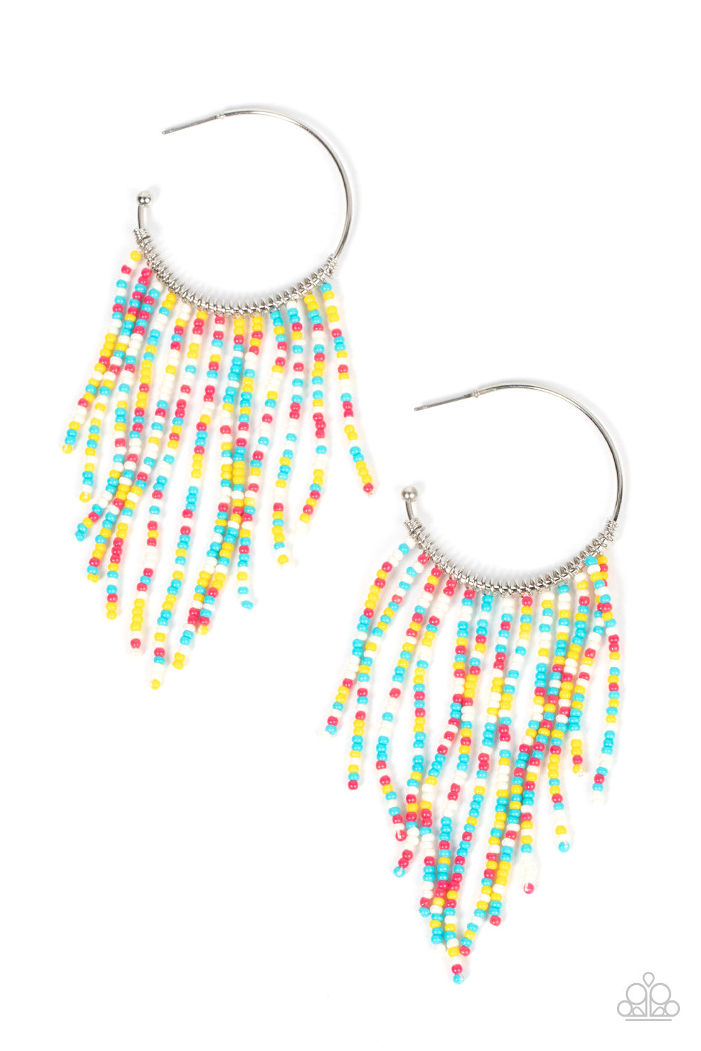 Paparazzi Accessories Saguaro Breeze - Multi Strands of dainty Illuminating, Fuchsia Fedora, white, and blue seed beads stream out from the bottom of a classic silver hoop, resulting in a flirtatiously tasseled look. Earring attaches to a standard post fi