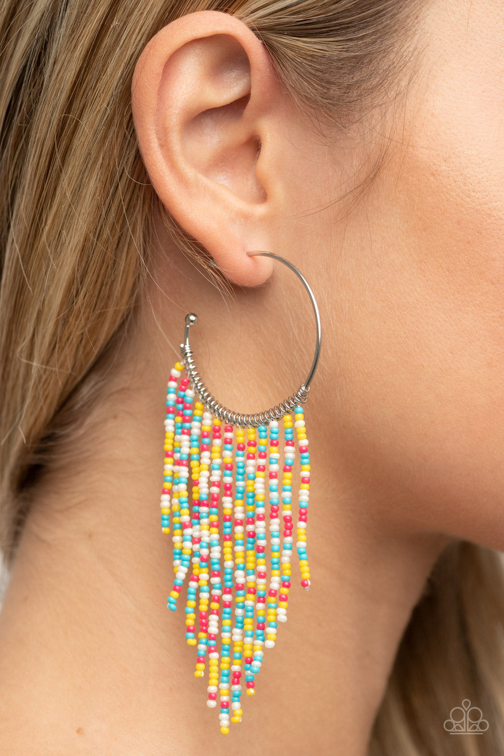 Paparazzi Accessories Saguaro Breeze - Multi Strands of dainty Illuminating, Fuchsia Fedora, white, and blue seed beads stream out from the bottom of a classic silver hoop, resulting in a flirtatiously tasseled look. Earring attaches to a standard post fi