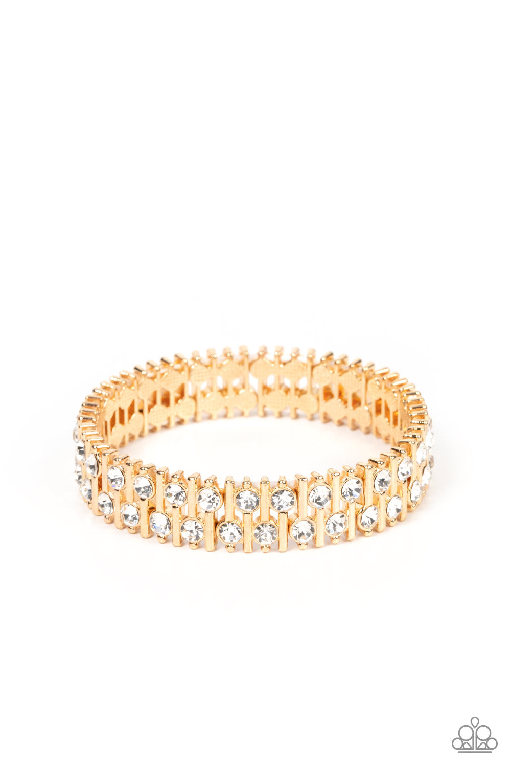 Paparazzi Accessories Generational Glimmer - Gold Attached to gold bars, a staggered display of solitaire white rhinestones alternates along a stretchy band around the wrist for an unexpected pop of shimmer around the wrist. Sold as one individual bracele