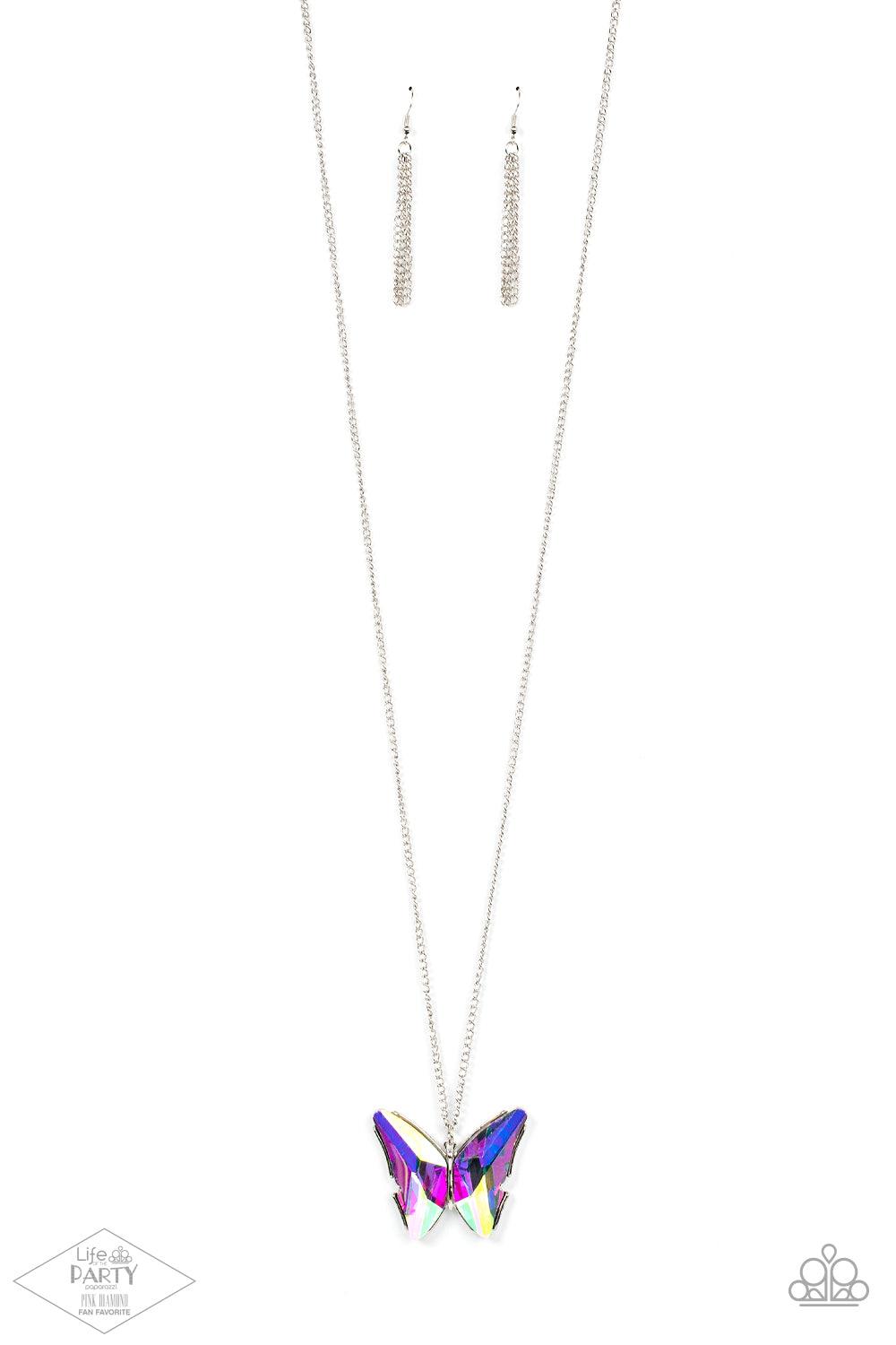 Paparazzi Accessories The Social Butterfly Effect - Multi Featuring a UV effect, dramatically faceted iridescent gems adorn the wings of a silver butterfly, creating an ethereal pendant at the bottom of a lengthened silver chain. Features an adjustable cl