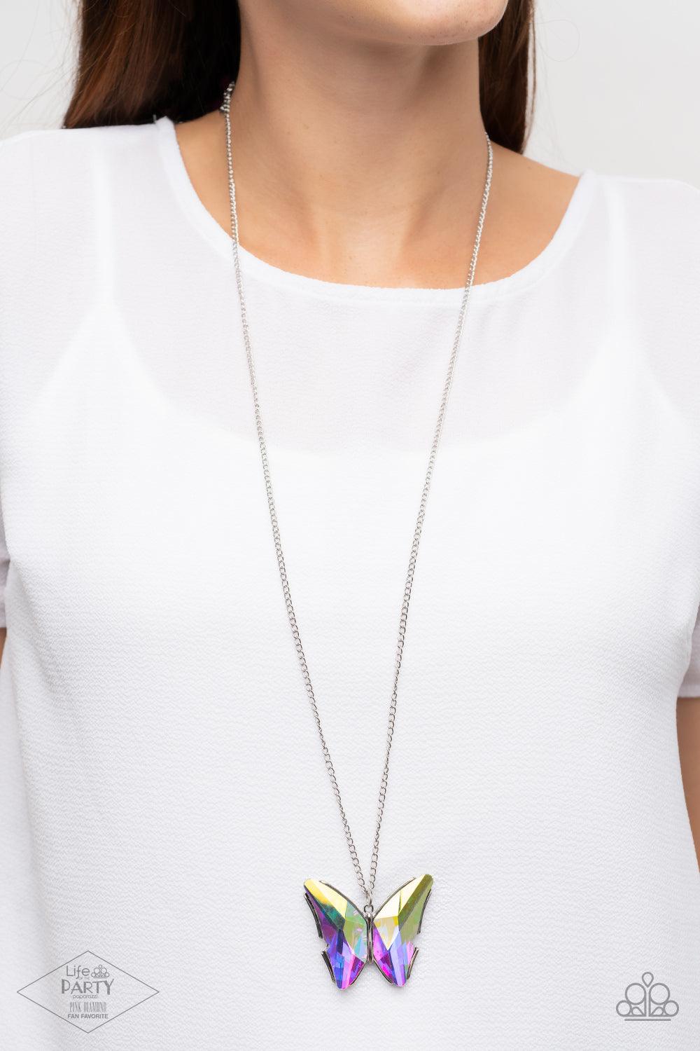 Paparazzi Accessories The Social Butterfly Effect - Multi Featuring a UV effect, dramatically faceted iridescent gems adorn the wings of a silver butterfly, creating an ethereal pendant at the bottom of a lengthened silver chain. Features an adjustable cl