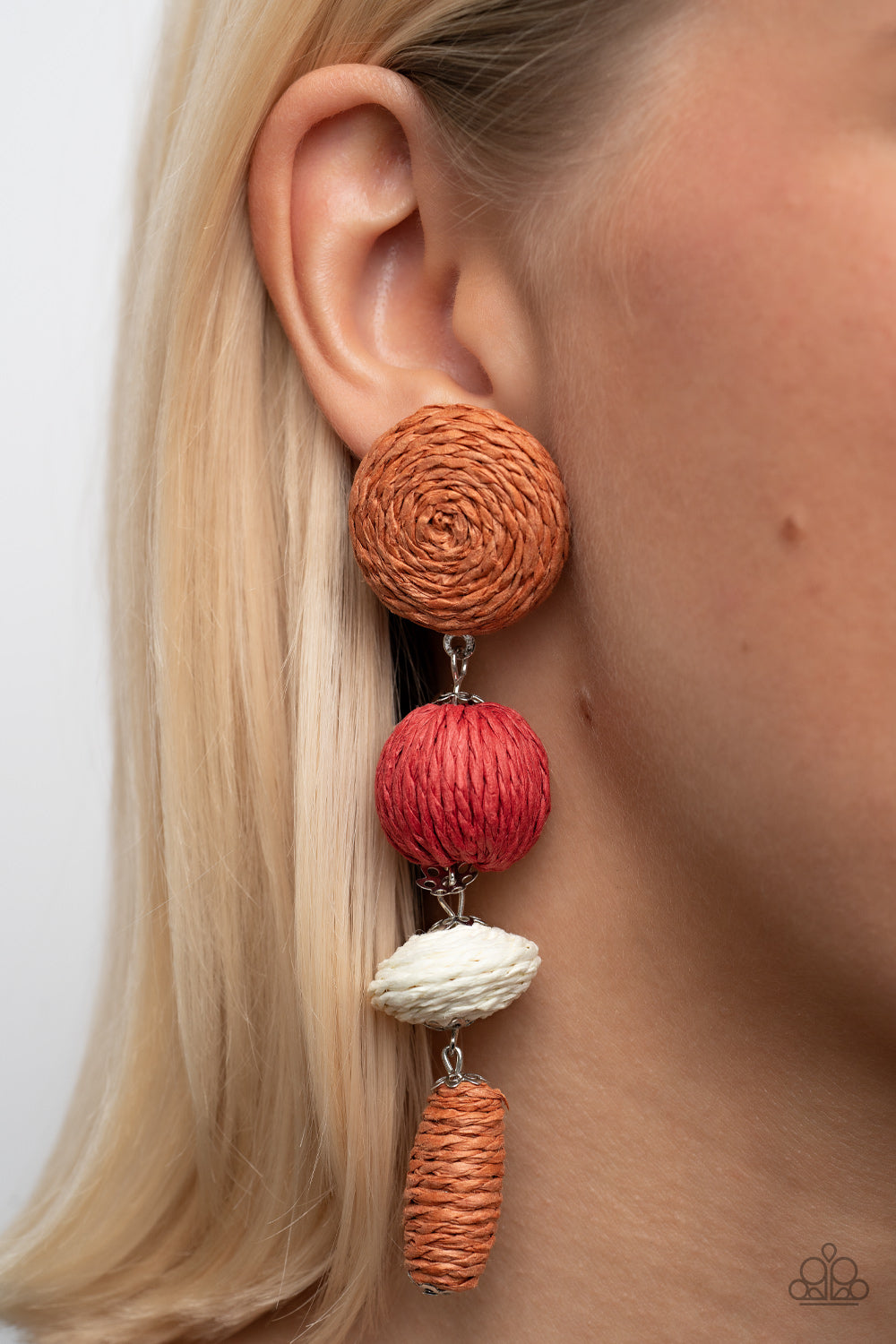 Paparazzi Accessories Twine Tango - Multi Strands of Adobe, red, white crepe-like twine wraps around circle, sphere, oval, and oblong frames that delicately connect into a decorative tassel for a trendy homespun finish. Earring attaches to a standard post