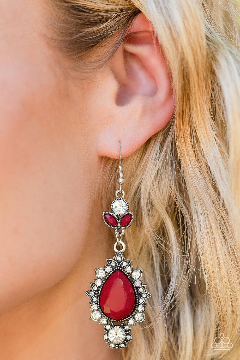 Paparazzi Accessories SELFIE-Esteem - Red Dotted with dainty white rhinestones, leafy silver frames bloom from an oversized red teardrop bead that delicately hangs from a leafy white rhinestone and red beaded fitting for a whimsical finish. Earring attach