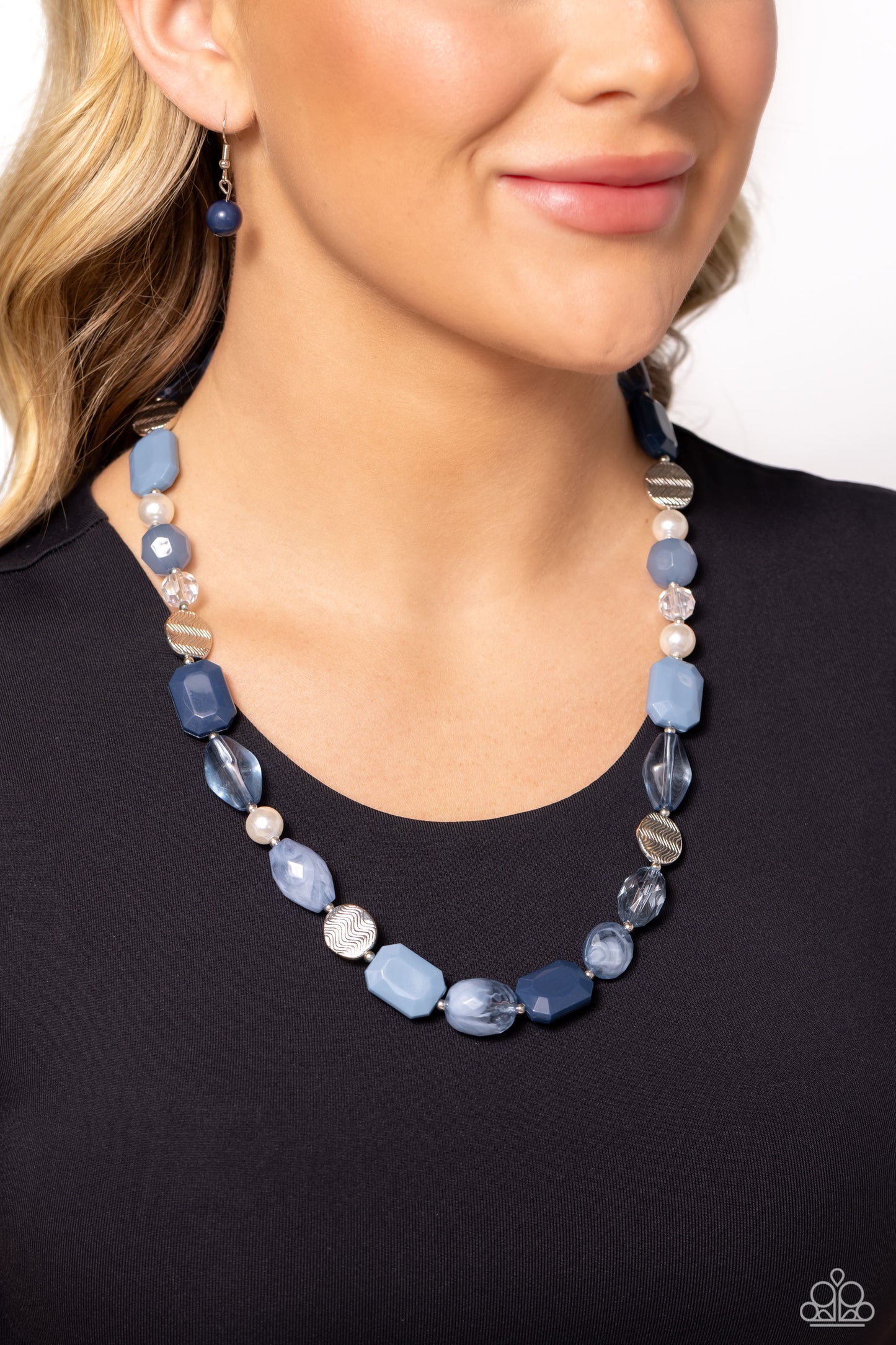 Paparazzi Accessories Nautical Sunset - Multi Varying in shape and opacity, a faceted collection of glassy and acrylic Spring Lake and Rhodonite beads joins pearls, dainty silver beads, and zigzagged silver discs along an invisible wire across the chest f