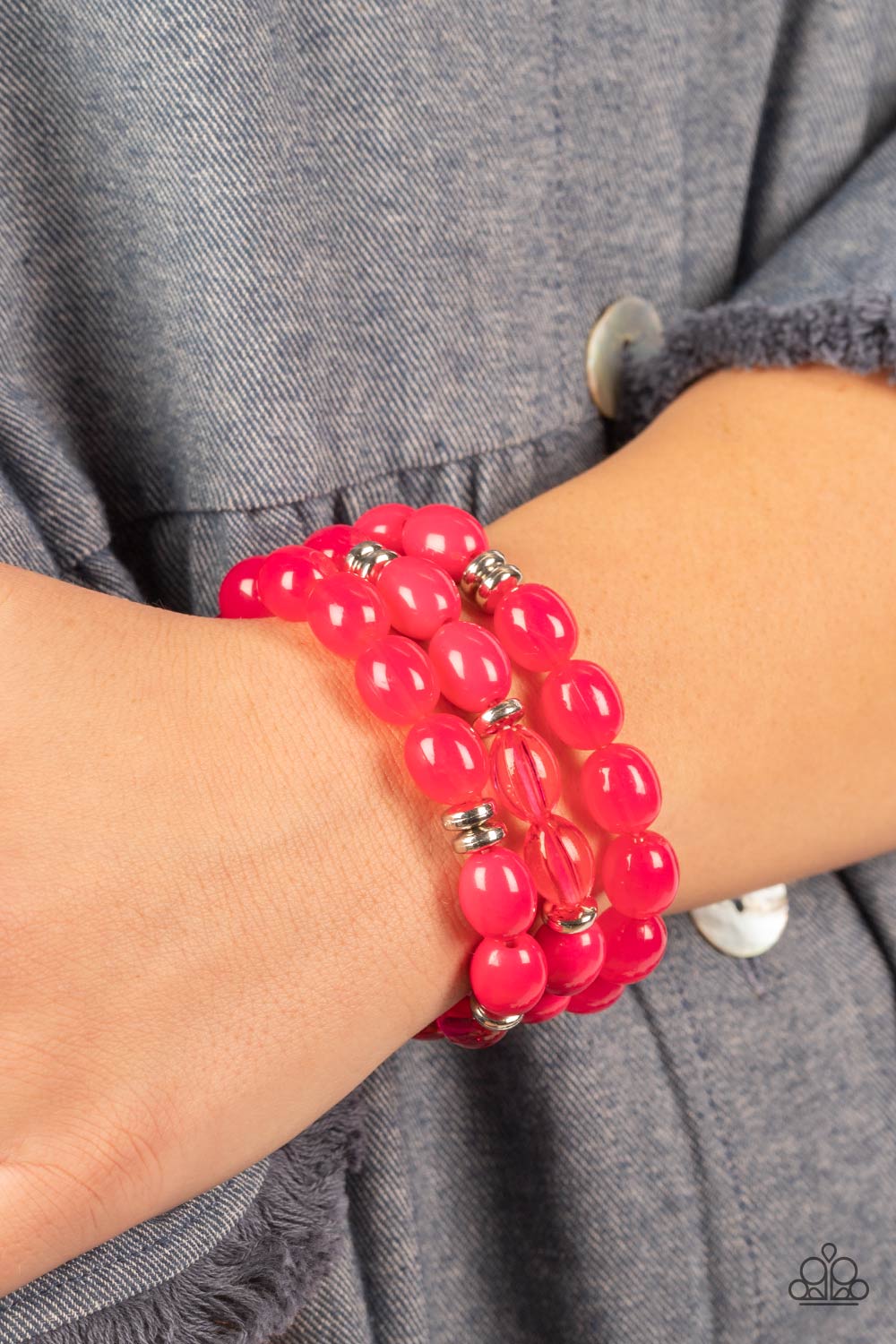 Paparazzi Accessories Coastal Coastin - Pink Infused with silver accents, rows of glassy, opaque and acrylic Fuchsia Fedora beads are threaded along stretchy bands around the wrist, resulting in vivacious layers. Sold as one set of three of bracelets. Get