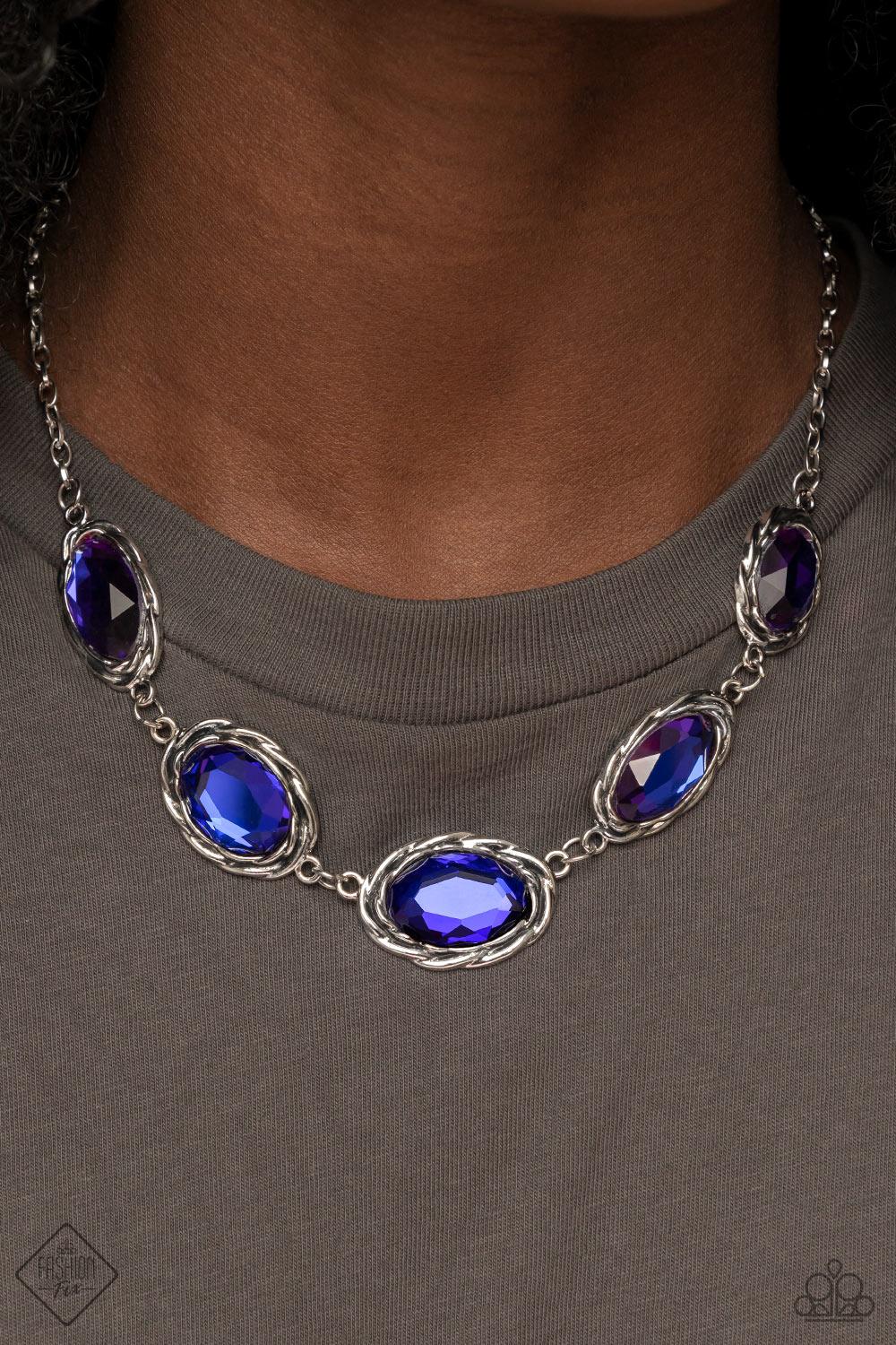 Paparazzi Accessories Regal Renaissance - Multi Brushed in a subtle metallic finish, a collection of variegated oval multicolored purple gems connect end to end along the collar. Antiqued silver frames, embellished with a layered rope texture, wrap around