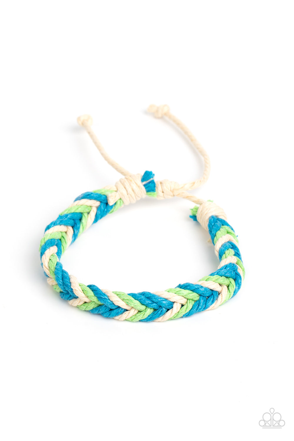 Paparazzi Accessories Born to Travel - Blue Blue, green, and natural white cording decoratively weaves around the wrist, knotting into a colorful braid for an adventurous vibe. Features an adjustable sliding knot closure. Sold as one individual bracelet.