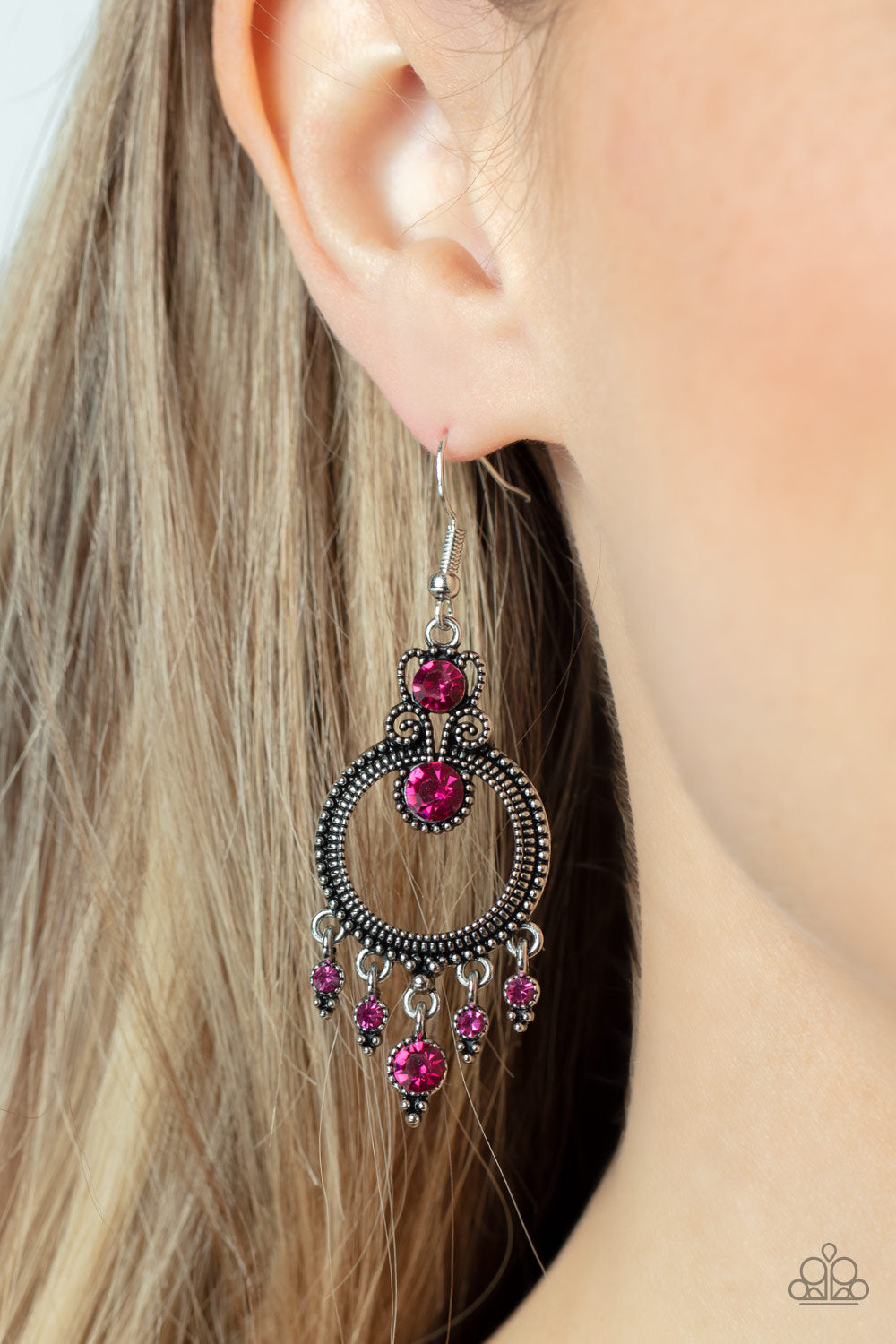 Paparazzi Accessories Palace Politics - Pink Sparkling with a pair of brilliant pink rhinestones, a studded filigree accent attaches to the top of a studded silver hoop brimming with antiqued textures. A dainty collection of pink rhinestones twinkles from