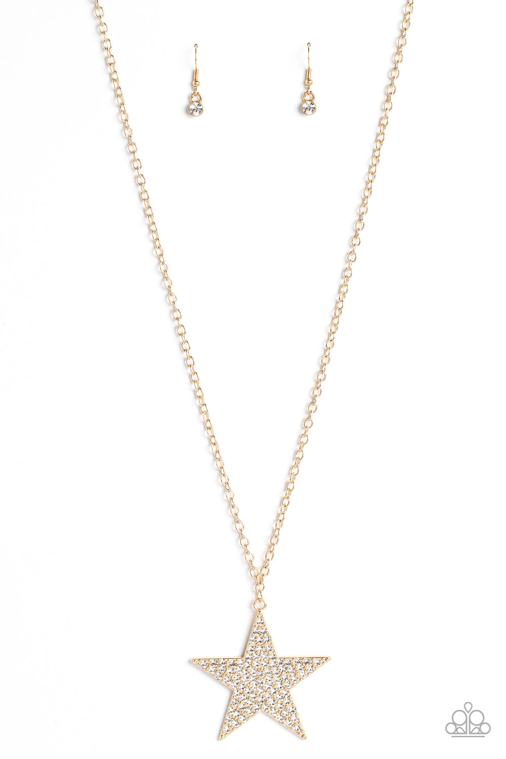 Paparazzi Accessories Rock Star Sparkle - Gold The front of an oversized gold star is encrusted in blinding white rhinestones, resulting in a stellar pendant at the bottom of a lengthened gold chain. Features an adjustable clasp closure. Sold as one indiv