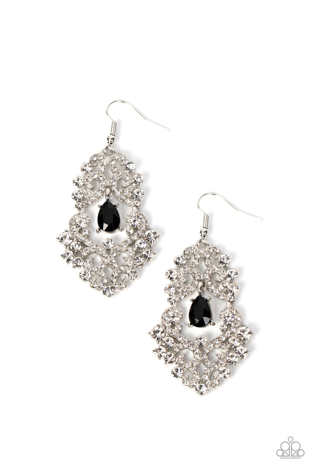 Paparazzi Accessories Sociable Sparkle - Black A sparkly black rhinestone swings from the top of a glittery explosion of white rhinestones that delicately scatter and curl into ribbons, coalescing into an effervescent chandelier. Earring attaches to a sta